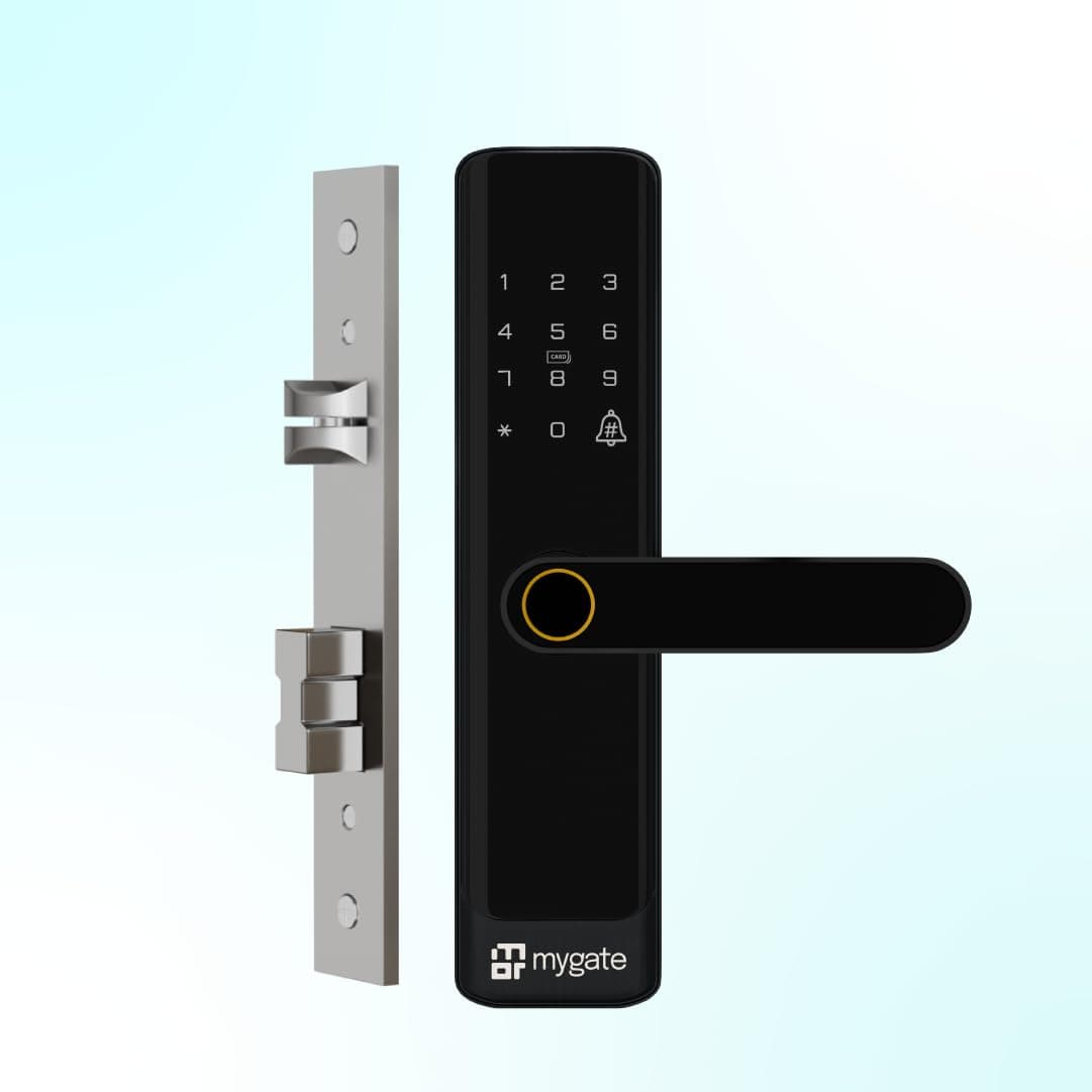 Mygate Smart Door Lock SE with 6 Unlock Methods, Fingerprint, OTP, PIN, RFID Card, Key & Mobile App Access, Unauthorized Freeze & Pin Decoy, Remote Unlocking via OTP| 3-Year Warranty by Mygate, Black