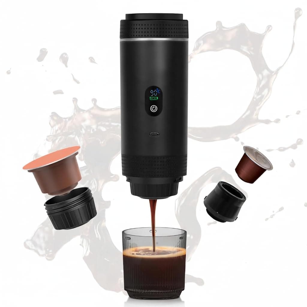 Electric Drip Espresso Coffee Machine, Travel Coffee Maker Brewer Compatible with Ground Coffee & NS Capsules, Coffee Maker For Camping, Home & Office (Black with LCD Screen) (PORTABLE)