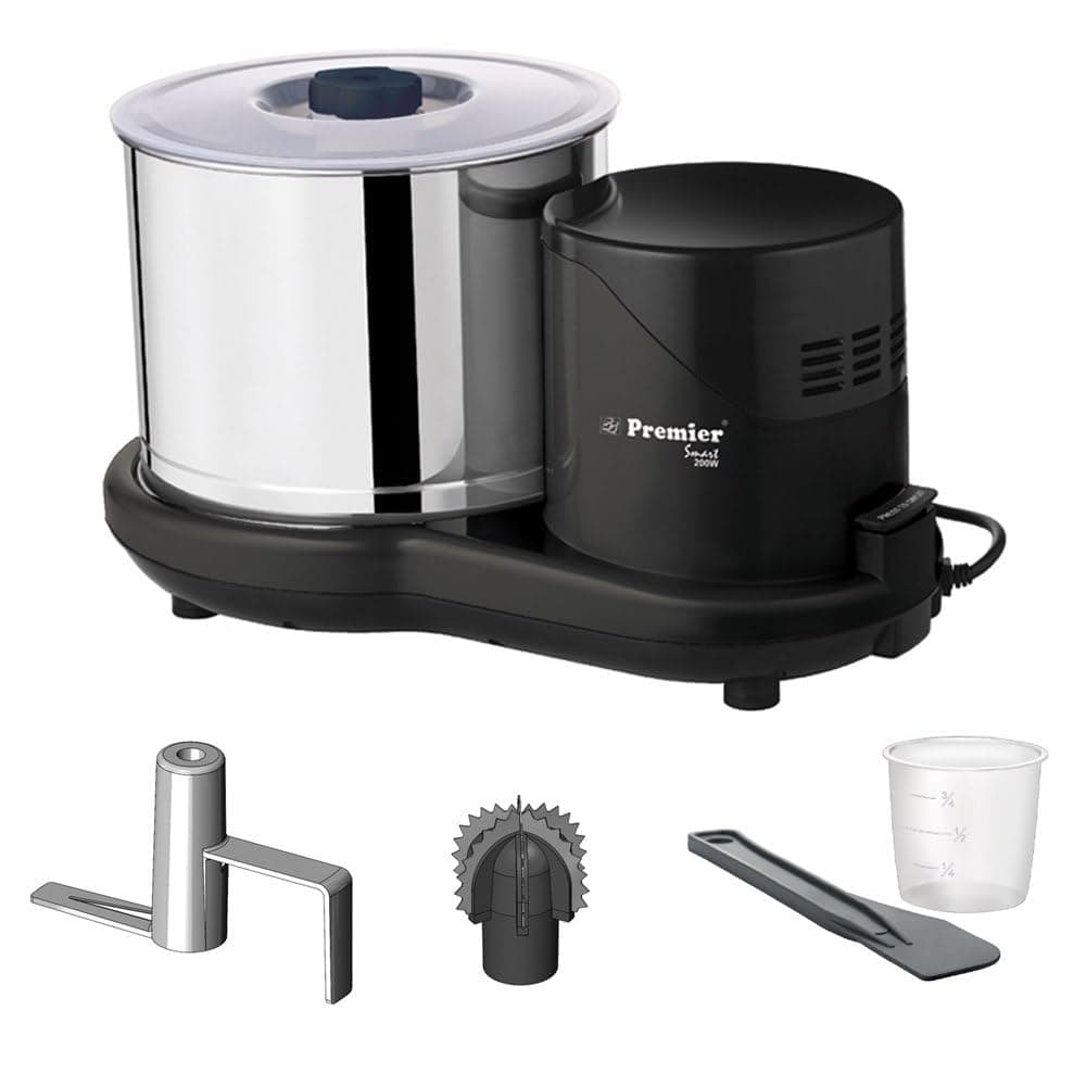 Premier Smart 2L Table Top Wet Grinder 200 Watts 230V | Stainless Steel Drum | Free Coconut Scraper & Dough Kneader | 2 Stone Grinding | Easy Maintenance | 2 Years Motor Warranty | PG512