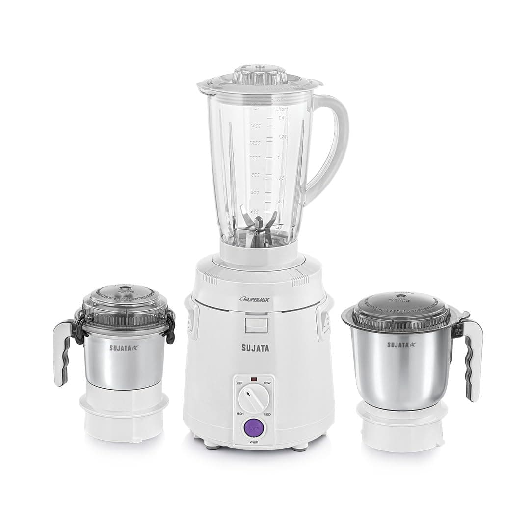 Sujata Supermix Mixer Grinder|900 Watts Double Ball Bearing Motor|22000 RPM|Non-Stop 90 Mins Running|3 Jars including 1750ml Blender, 1000ml Grinder, 500ml Chutney Jar| (White)