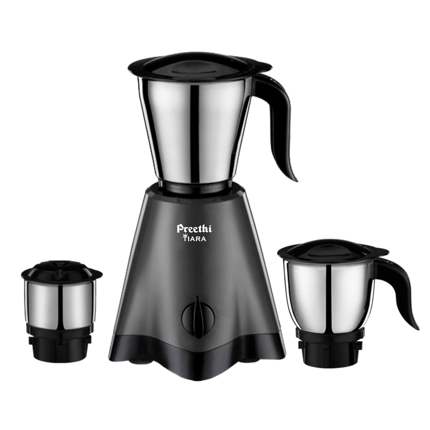 Preethi Tiara Mixer Grinder | 500 Watt | 2yr Guarantee & Lifelong Free Service I 3 Stainless Steel Jars (0.3L, 0.7L and 1.2L) | Grey & Black