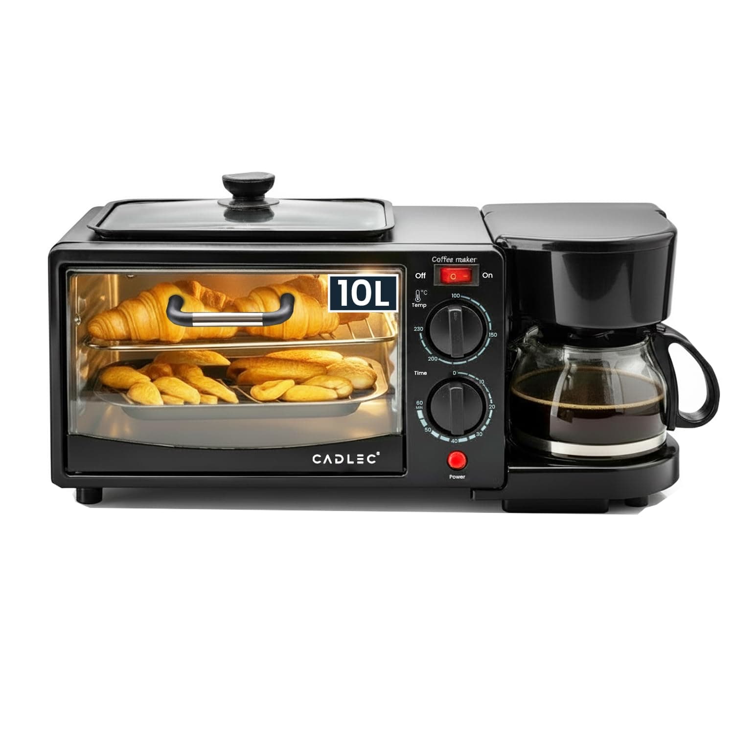 Cadlec MultiChef Pro 3 in 1 Breakfast Maker With Oven Toaster Griller, Coffee Maker, Frying Pan | Adjustable Temperature & Timer, Bake, Grill & Toast- Black