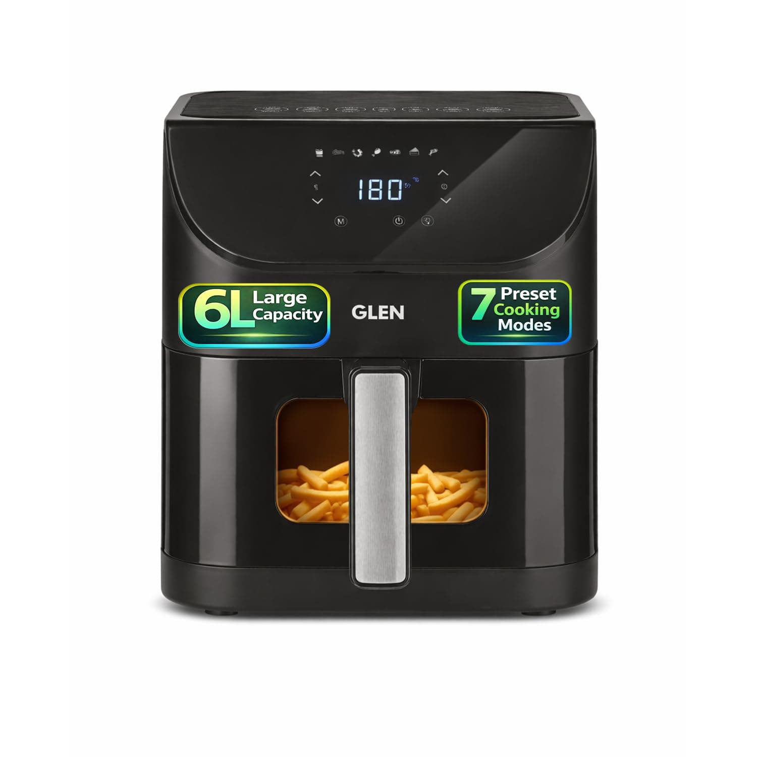 Glen Digital Air Fryer 6L | 1500W | Temperature & Timer Control |7 Preset Menu & Digital Display | Multi-Function Glass Airfryer, Bake, Grill, Fry & Roast | Auto Shut Off | Non Stick Basket |