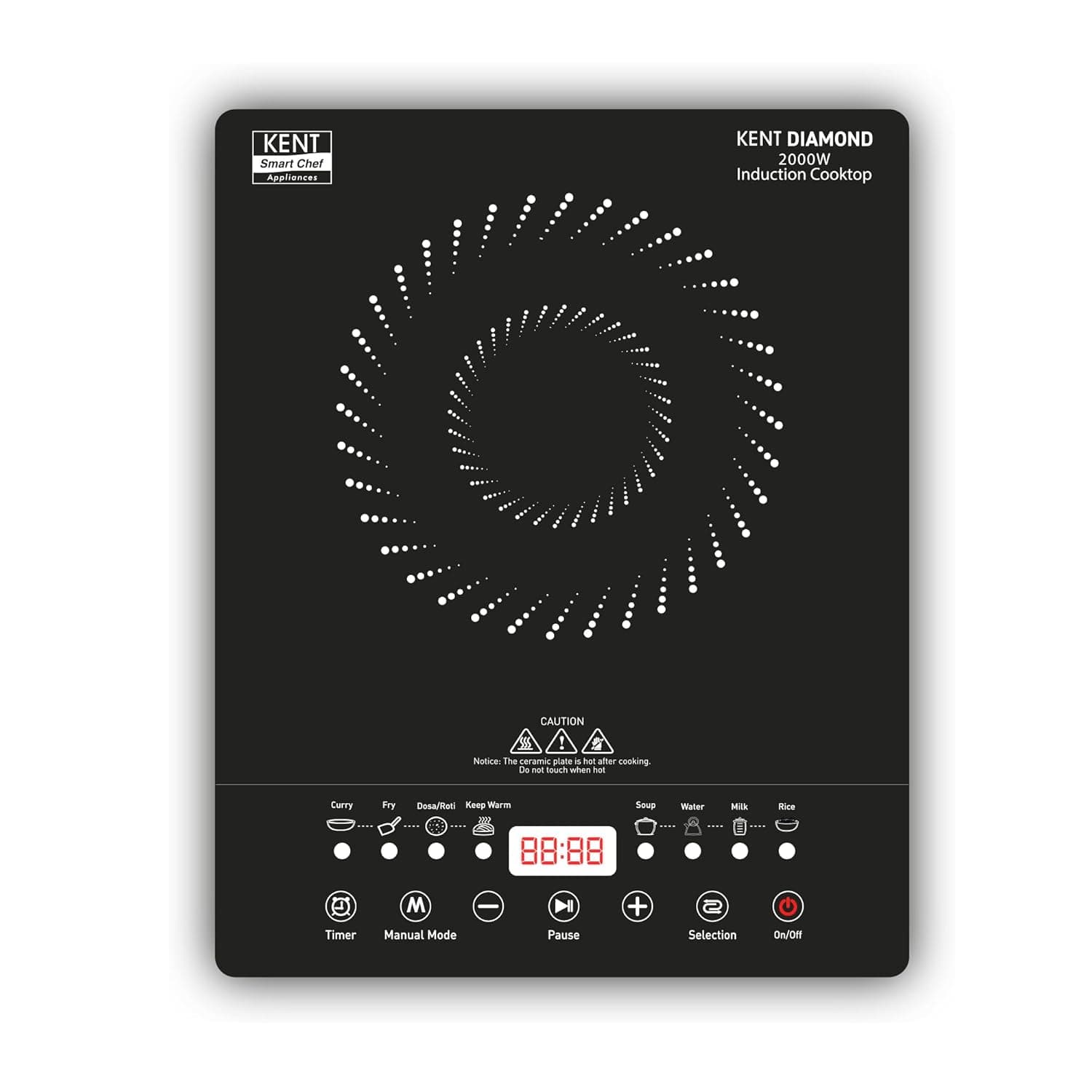 KENT Diamond Induction Cooktop 2000W|8 Preset Menu|Full Microcrystalline Glass|Feather Touch Buttons & Led Display|Milk Boiling & Keep Warm Function|Overheat Protection & Auto Turn-Off, Radiant,Black