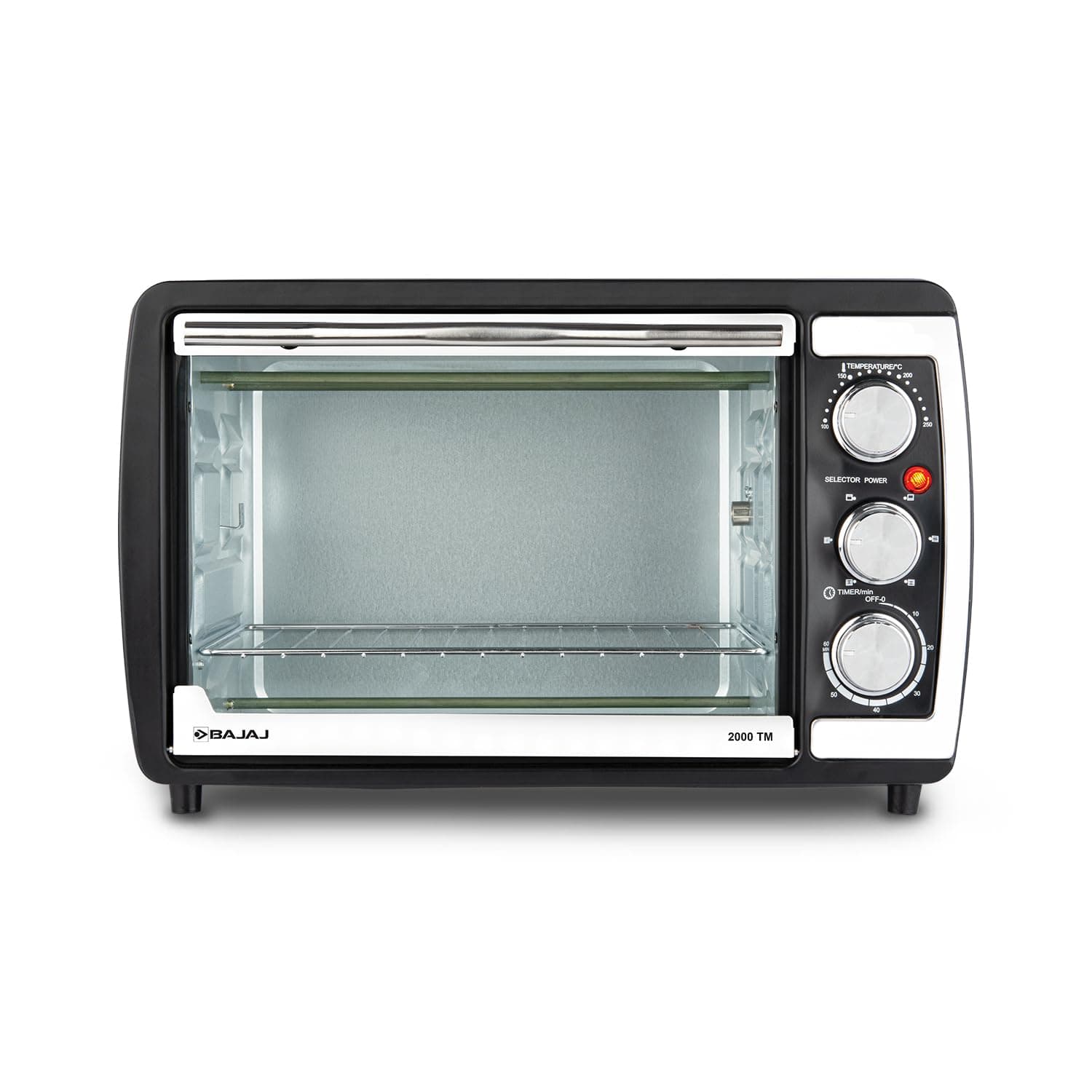 Bajaj 2000TM 20Ltr Oven Toaster Griller (20L OTG) | 1400 Watts Oven For Kitchen | Grilling, Baking, Toasting & Rotisserie | Transparent Glass Door | Temperature & Timer Control | 2 Yr Warranty 【Black】