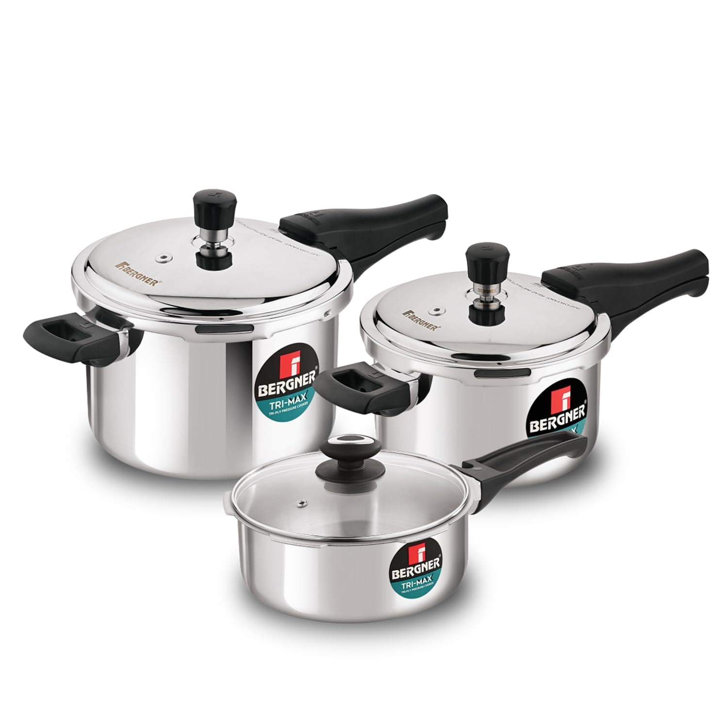 Bergner Trimax Triply Stainless Steel Outer Lid Pressure Cooker Multi Combo - 5 L Cooker 3 L Pressure Pan, 2 L Cooker with Glass Lid, Less Oil Use, Healthy Cooking - Induction Bottom Gas Stove Ready