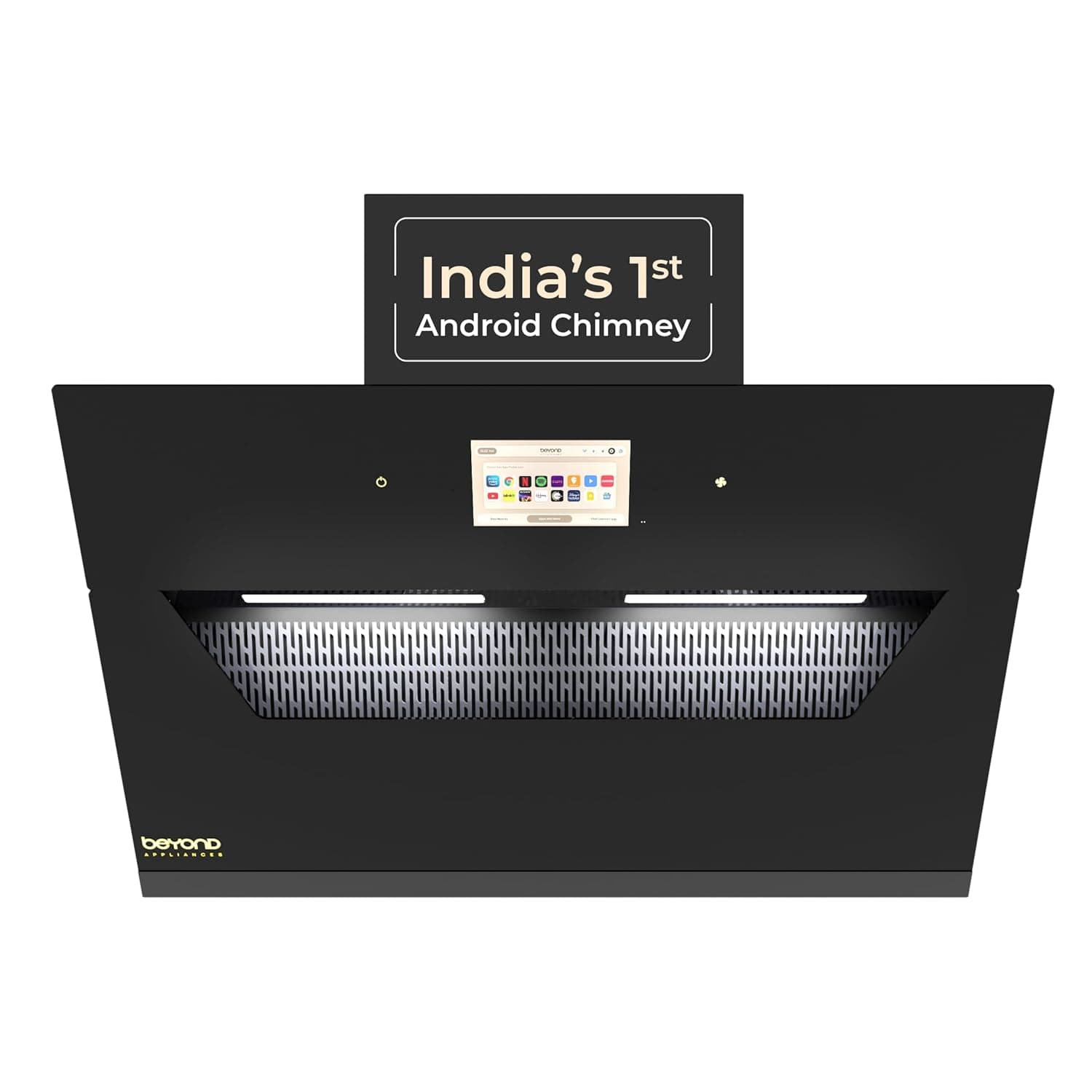 Beyond Appliances Eris 90cm Auto Clean Slant Kitchen Chimney | 1500 CMH Suction | Filterless | Smart Touchscreen Display | Touch Control | Black | PAN INDIA SERVICE| BA-SL-ER-AD-90-CH-001
