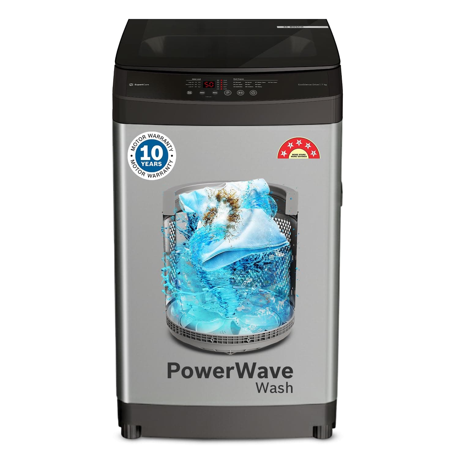Bosch 7 kg 5 Star Fully Automatic Top Loading Washing Machine (WOE70AH0IN, PowerWave Wash & in-built Dual Lint Filter, Stainless Steel VarioDrum with 5 fin Pulsator, Water Save, Eco Wash, Med Grey)