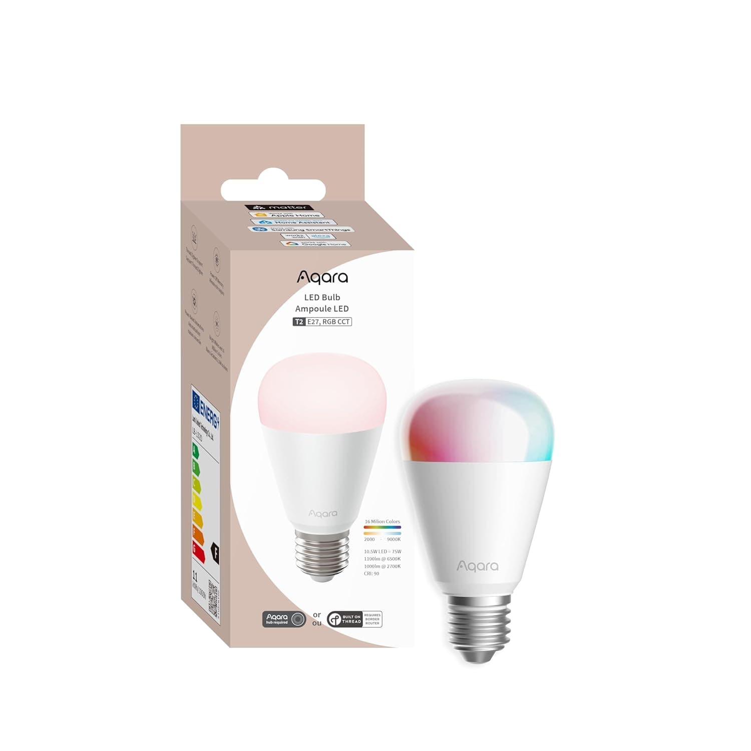 Aqara Smart RGB LED Bulb T2 E27 – Color + Tunable White (2700K–6500K), 75W Equivalent, Thread & Zigbee, Matter, Works with HomeKit, Alexa, Google – Hub or Thread Router Required