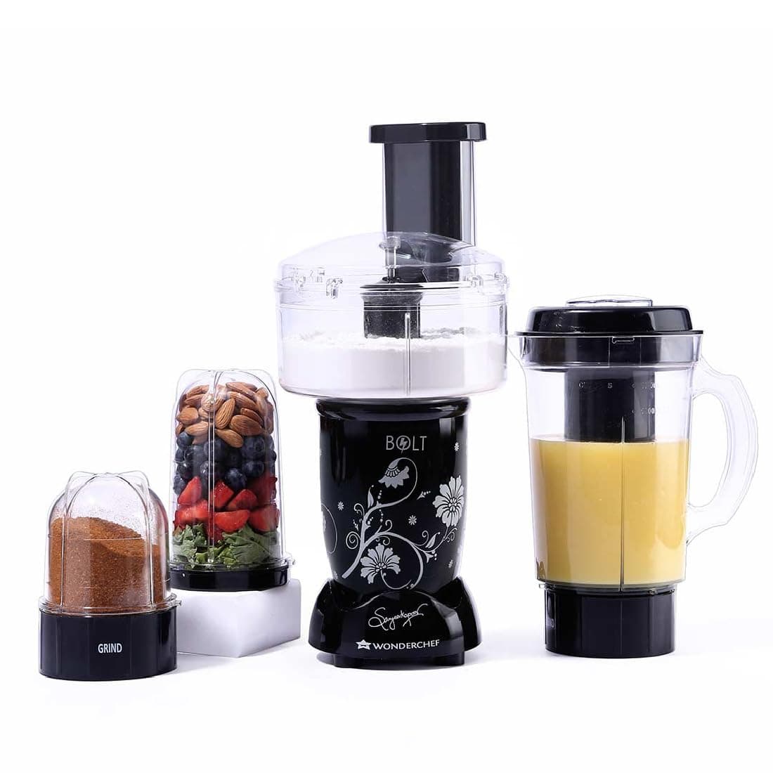 Wonderchef Nutri-blend BOLT Food Processor & Atta Kneader | 600W Powerful 100% Full Copper Motor | 22000 RPM Mixer grinder, Blender & Chopper | SS Blades | 4 unbreakable jars with Sipper lid | 2 Years warranty | Recipe book by Chef Sanjeev Kapoor | Black