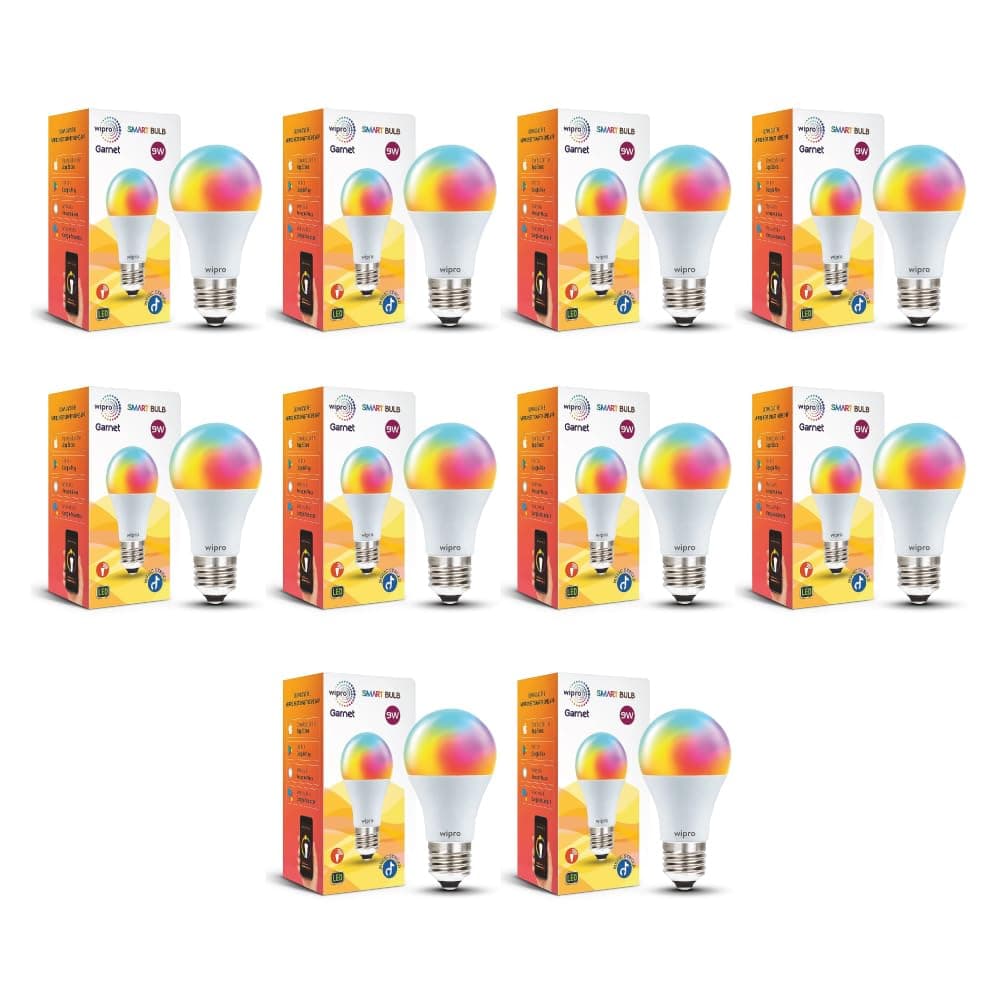 wipro 9-Watt E27 WiFi Smart LED Bulb with Music Sync (16 Million Colours + Warm White/Neutral White/White) (Compatible with Amazon Alexa and Google Assistant), Standard (NS9500)| Pack of 10
