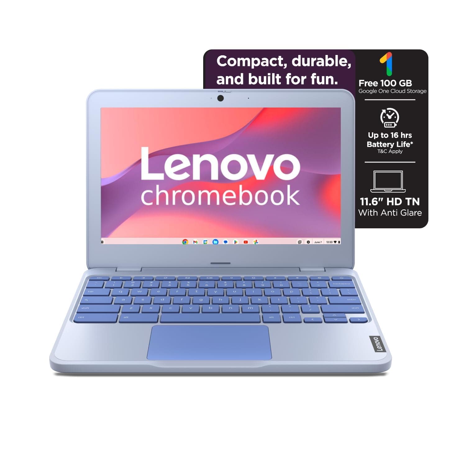 Lenovo {SmartChoice Chromebook, Intel Celeron N4500, 4GB RAM, 64GB eMMC, HD, 11.6"/29.46cm, Chrome OS, Blue, 1.21Kg, 2Wx2 Stereo Speakers, HD Camera, 82UY0014HA, Laptop