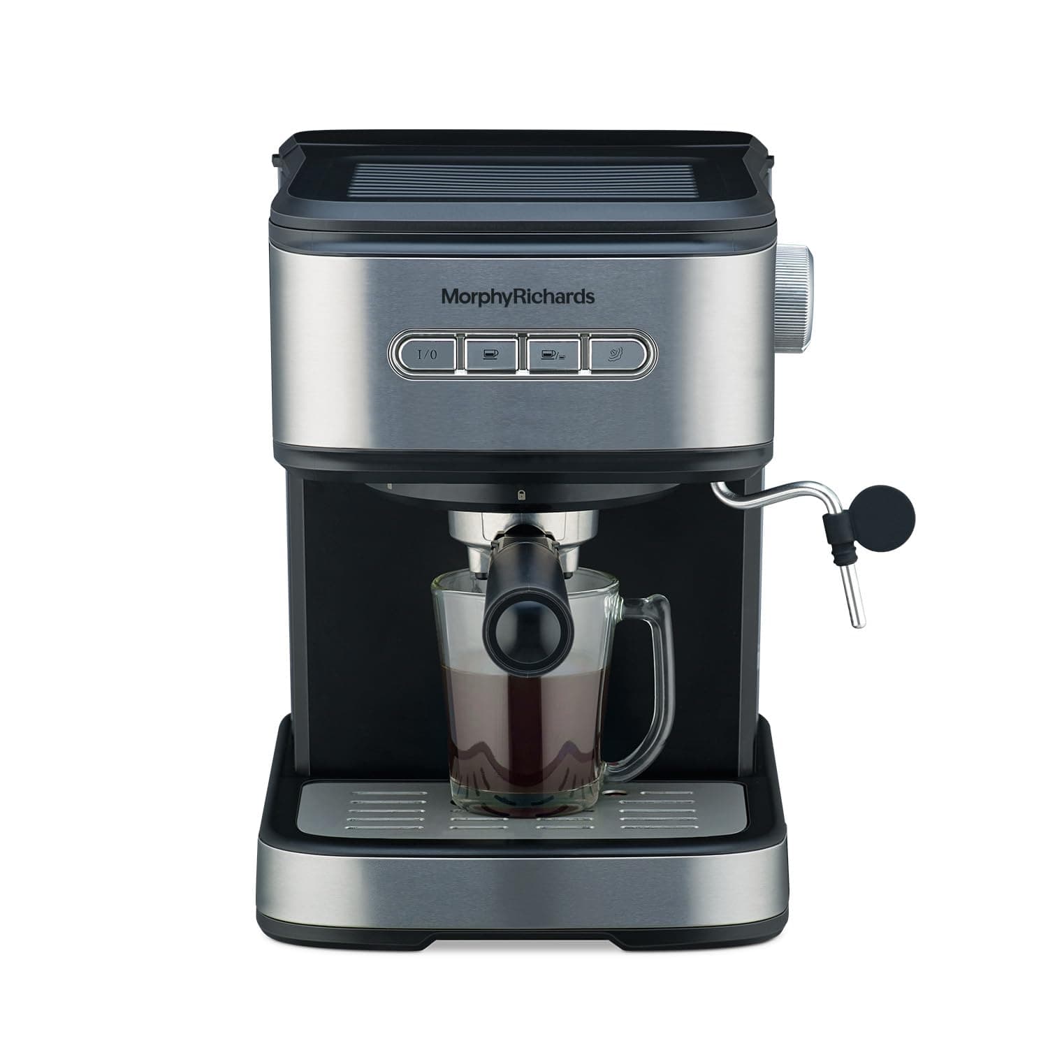 Morphy Richards Impresso Coffee Making Machine|Upto 20 Bar Pressure Rich Espresso Coffee Maker|Milk Frothing Nozzle|Push Button Operation|Removable Drip Tray|2-Yr Warranty By Brand|Black & Steel