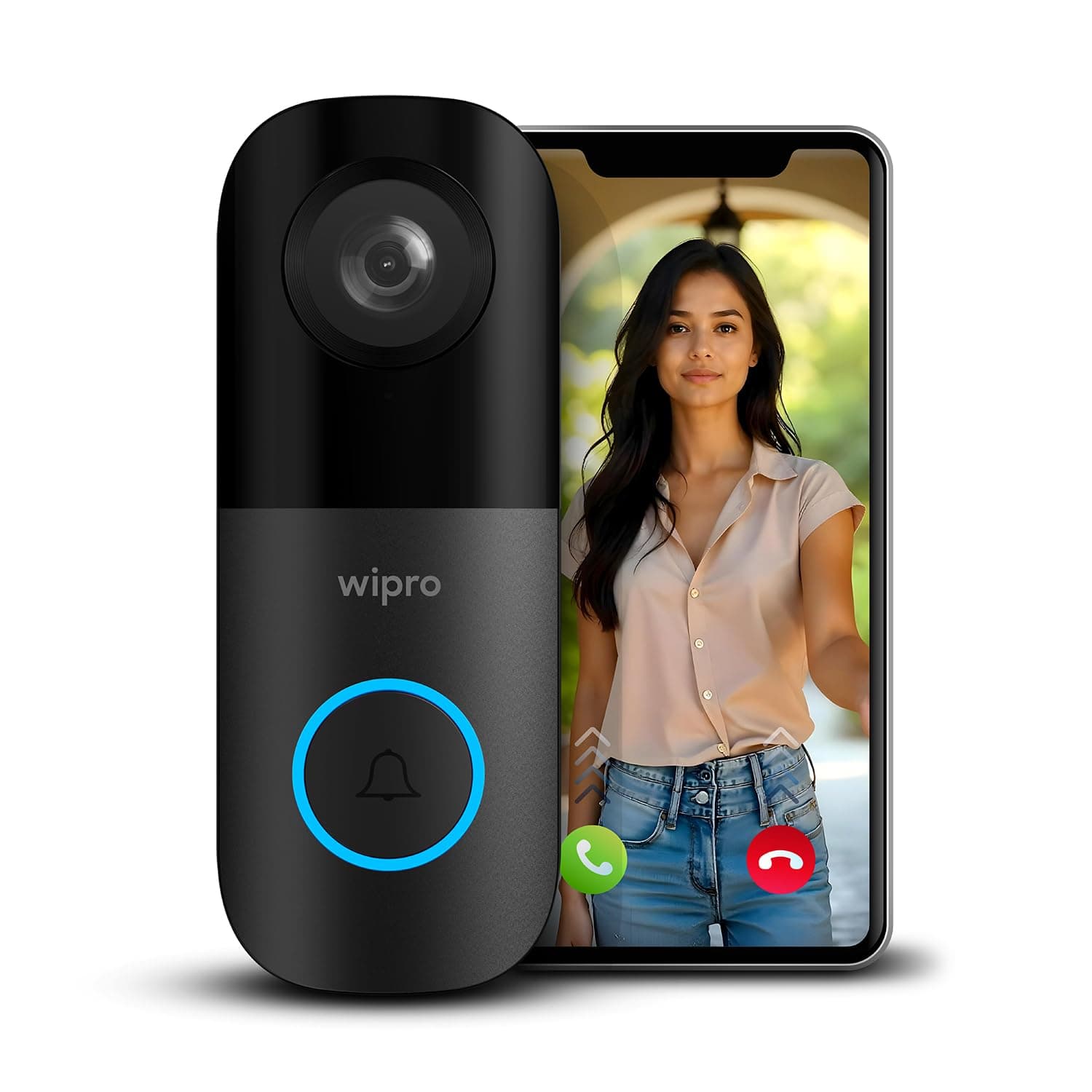wipro Smart Wi-Fi Video Doorbell Pro | 3 MP 1296p Full HD Camera with Night Vision | Instant Visitor Video Call on Mobile | Intruder Alarm | AI Motion Detection | Indoor Chime with 52 Tunes