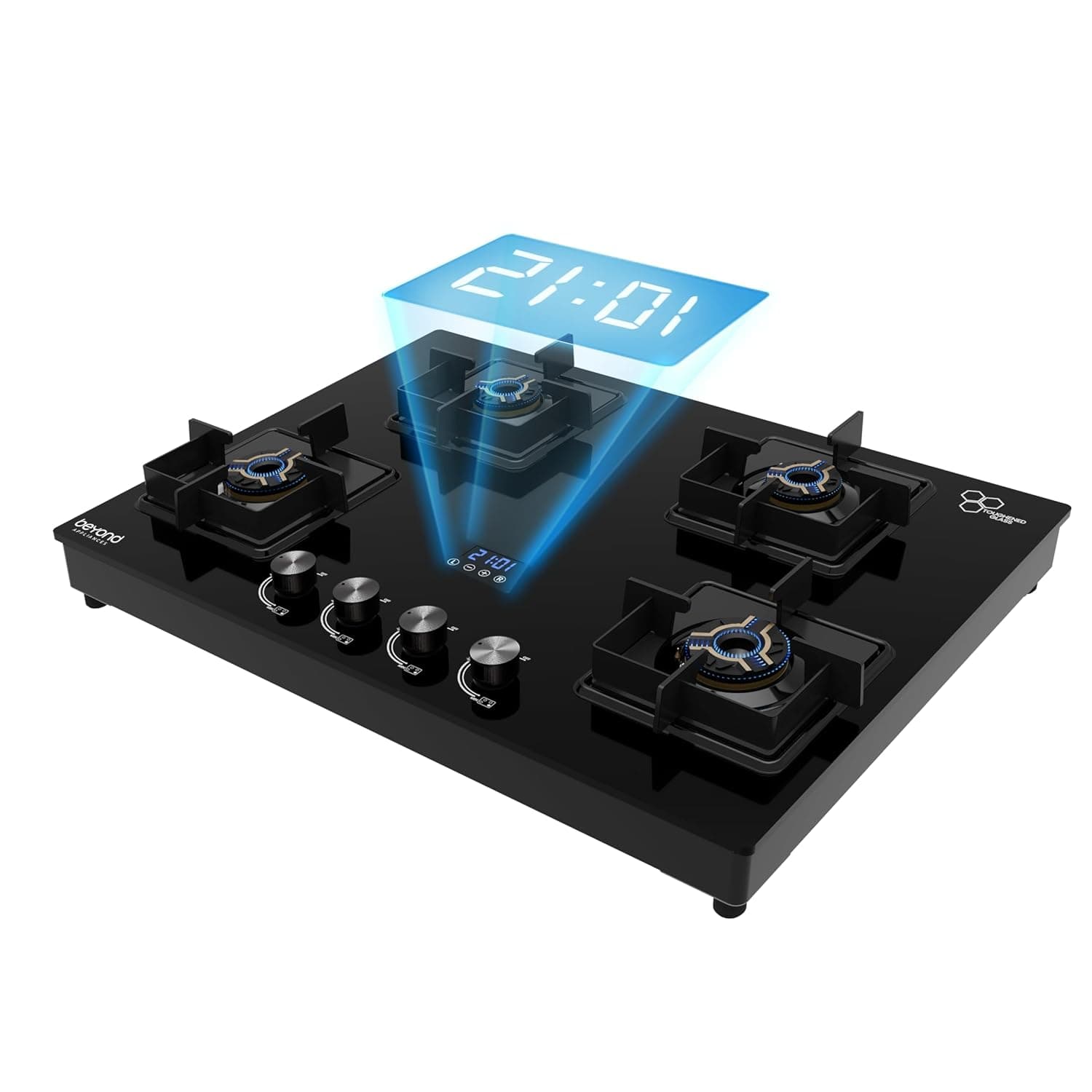 Beyond Appliances Solaria Premium 4 Burner Smart Gas Stove | Auto Ignition | Digital Timer | Flame Failure Device | Toughened Glass | ISI Certified | LPG & PNG Compatible Cooktop | PAN India Service