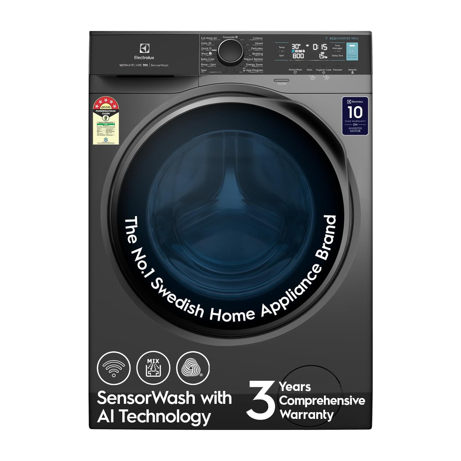 Electrolux 11kg 5 Star Front Load Washing Machine, 3 Year Warranty, AI SensorWash, WiFi, Full Load Vapour Wash, Hygienic Care, Woolmark, EcoInverter Motor, UltimateCare 700, EWF1142R7SB, Dark Silver