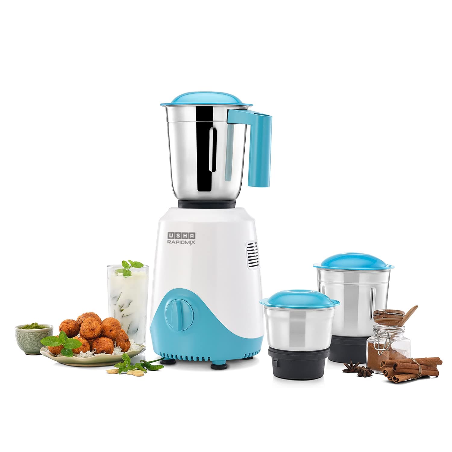USHA Rapidmix 500-Watt Copper Motor Mixer Grinder With 3 Jars And 2 Years Product Warranty & 5 Years Motor Warranty (Sea Green/White), 500 Watt