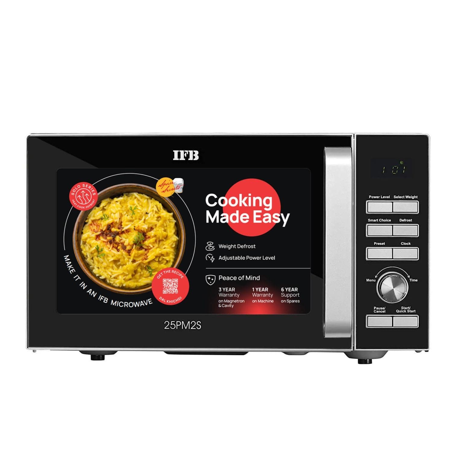 IFB 25L Solo Microwave Oven with 61 Auto Cook Menus (25PM2S, Silver, Easy to use Jog dial & Buttons, Mug Recipes, Steam Clean, Auto Reheat, Preset Timer, Power Save, Multi-Stage Cooking)
