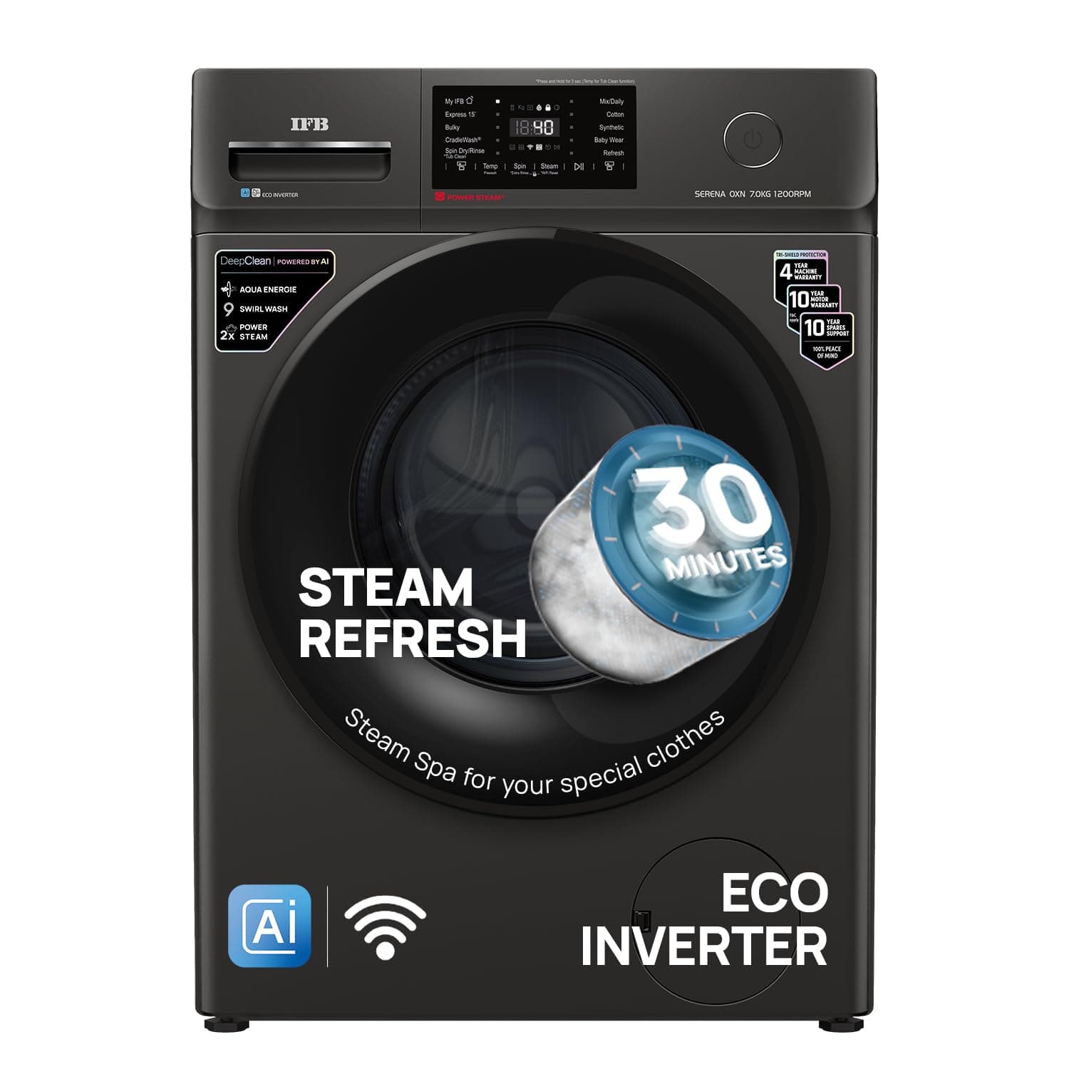 IFB 7 Kg 5 Star, DeepClean® Technology, AI Powered, WiFi, Fully Automatic Front Load Washing Machine (SERENA OXN 7012 CMS, PowerSteam®, 9 Swirl, Steam Refresh, Inbuilt Heater, Eco Inverter, Onyx)