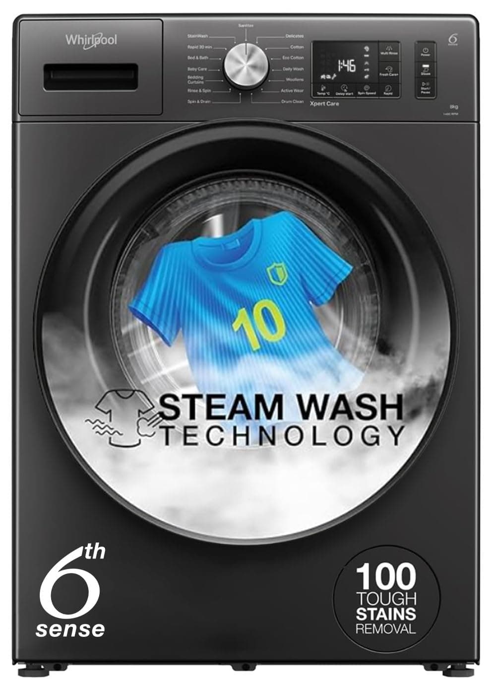 Whirlpool 8 Kg 5 Star Inverter Supreme Care Front Load Fully Automatic Washing Machine with In-Built Heater (XS8014BWME, MidNight Grey, Steam Technology, 100+ Tough Stains, 6th Sense Soft Move)