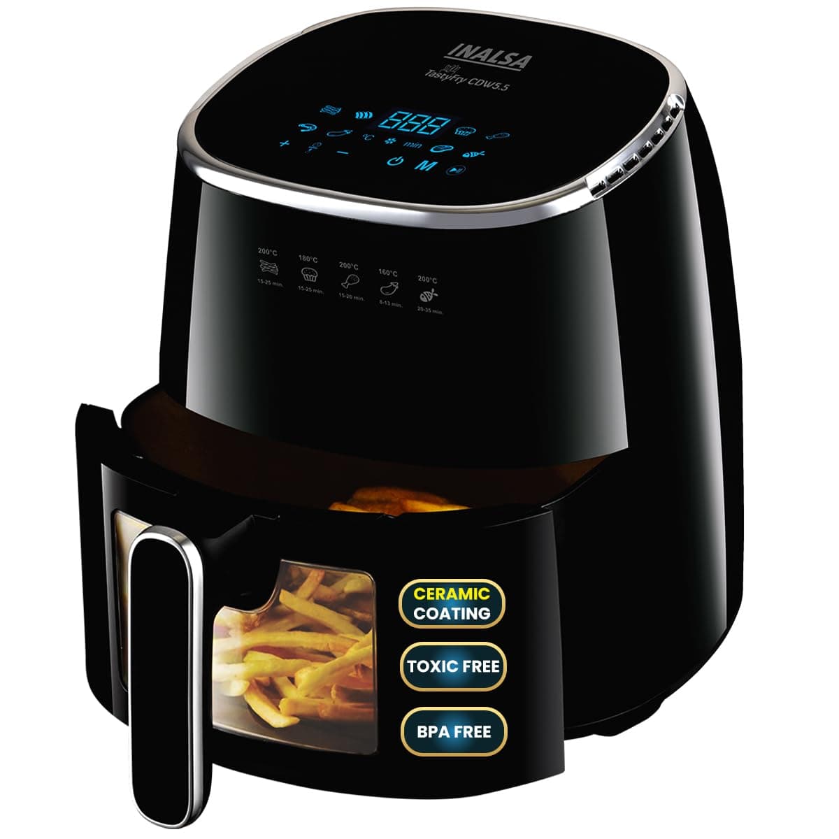 INALSA Non-Toxic Ceramic Coated Air fryer 5.5 L & 1600 W Power|No PTFE, PFAS, PFOA & Microplastics|Visible Window|Digital Touch Panel,8 Presets|Low Oil Healthy Cooking, Tasty Fry CDW 5.5