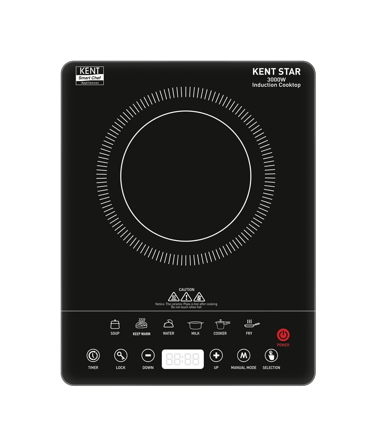 KENT Star Induction Cooktop 3000W | 6 Preset Menu | Full Microcrystalline Glass |Feather Touch Buttons & LED Display |Milk Boiling & Turbo Cooking Function | Overheat Protection & Auto Turn-Off| Black