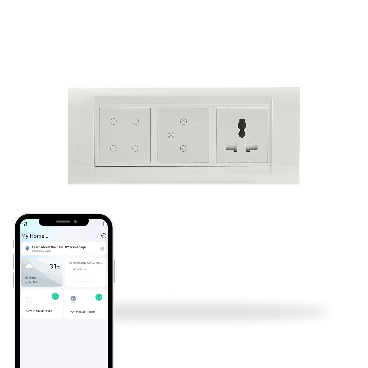 Aziot 6 Module Switch Board Plate | Smart 4 Touch, Fan Touch SW & Socket (Glass Finish) | WiFi + BLE | Google, Alexa & Siri (white)