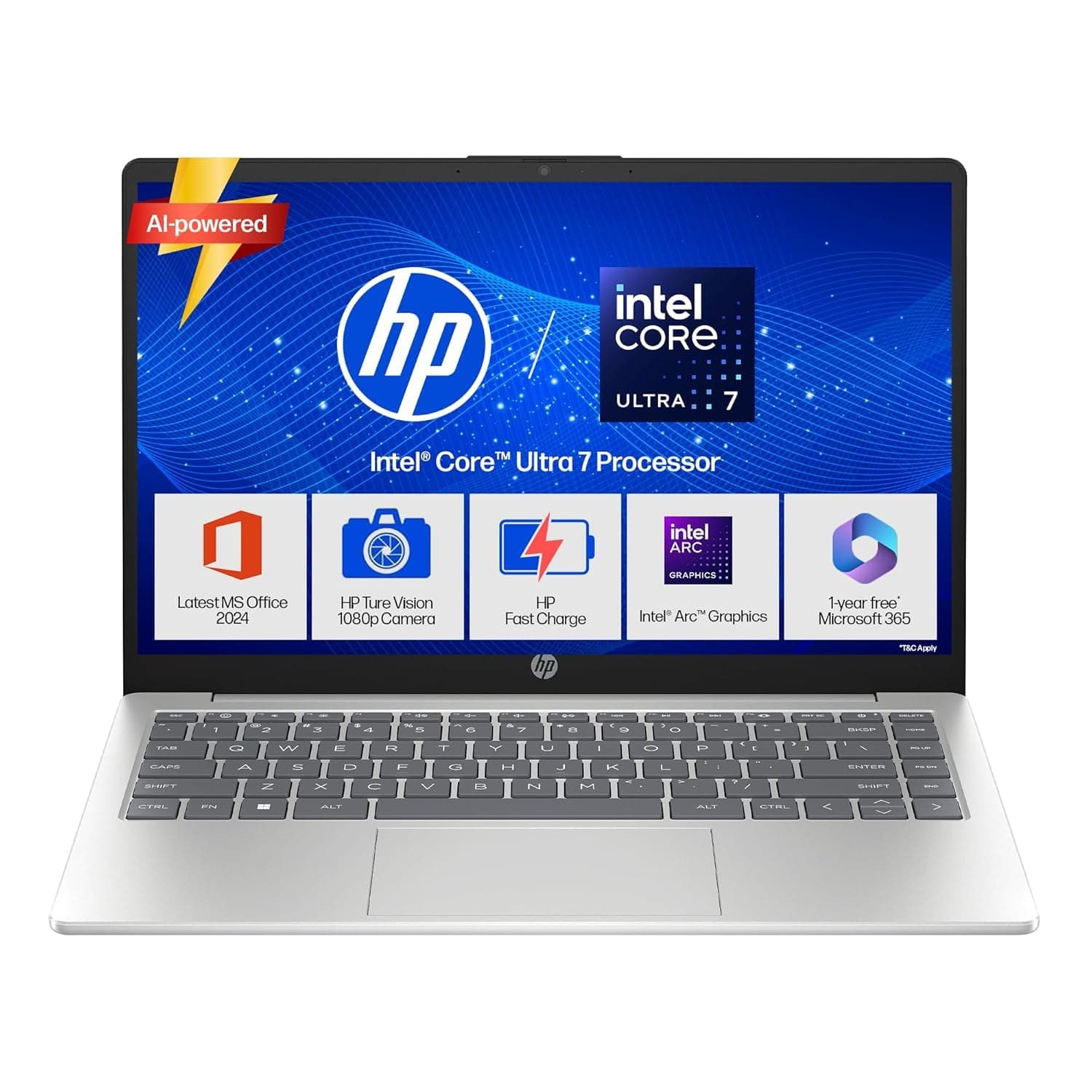 HP 14, Intel Core Ultra 7 155H (24GB DDR5, 1TB SSD), Micro-Edge, Anti-Glare, FHD, 14''/35.6cm, Win11, M365* Office24, Silver, 1.4kg, ep1181TU, FHD Camera, Backlit Laptop