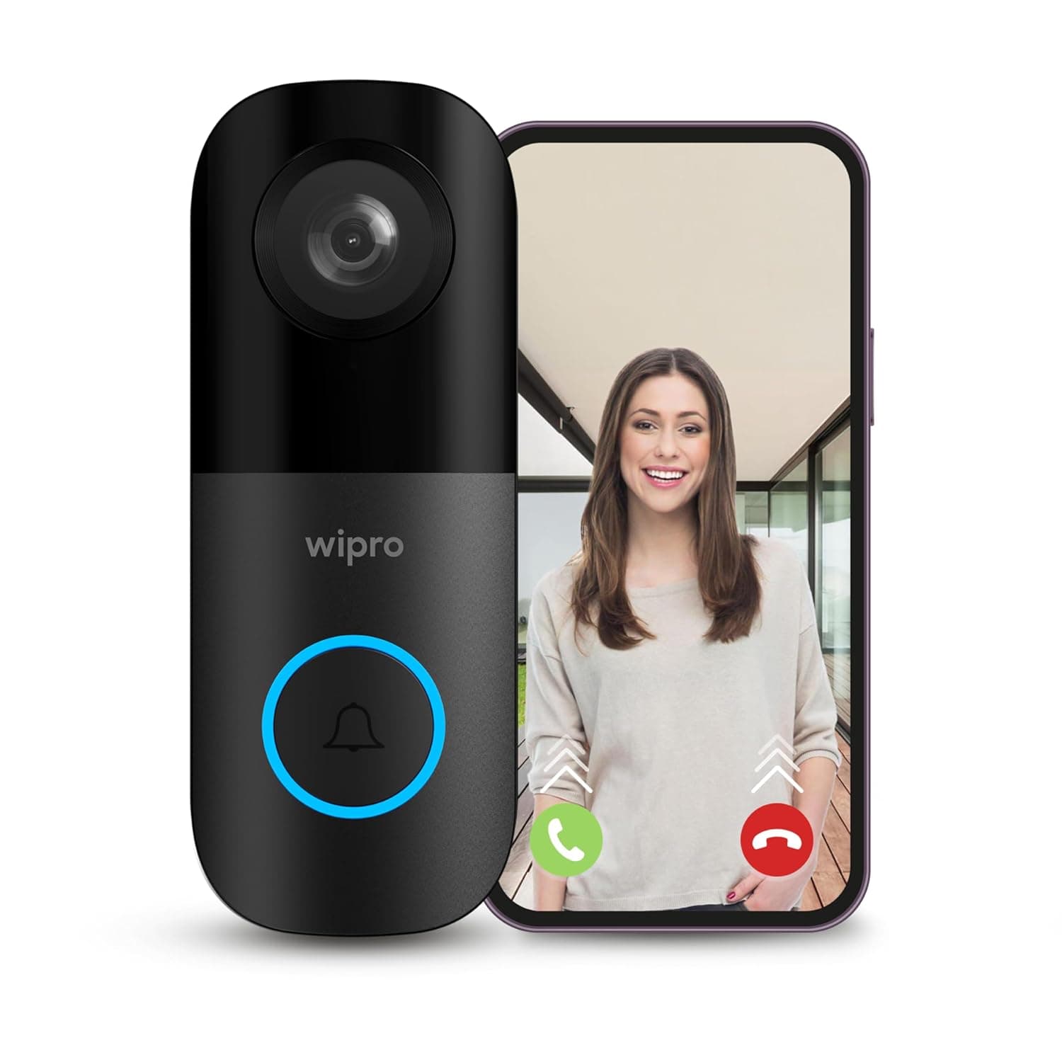 wipro Smart Wi-Fi Video Doorbell Pro | 3 MP 1296p Full HD Camera with Night Vision | Instant Visitor Video Call on Mobile | Intruder Alarm | AI Motion Detection | Indoor Chime with 52 Tunes