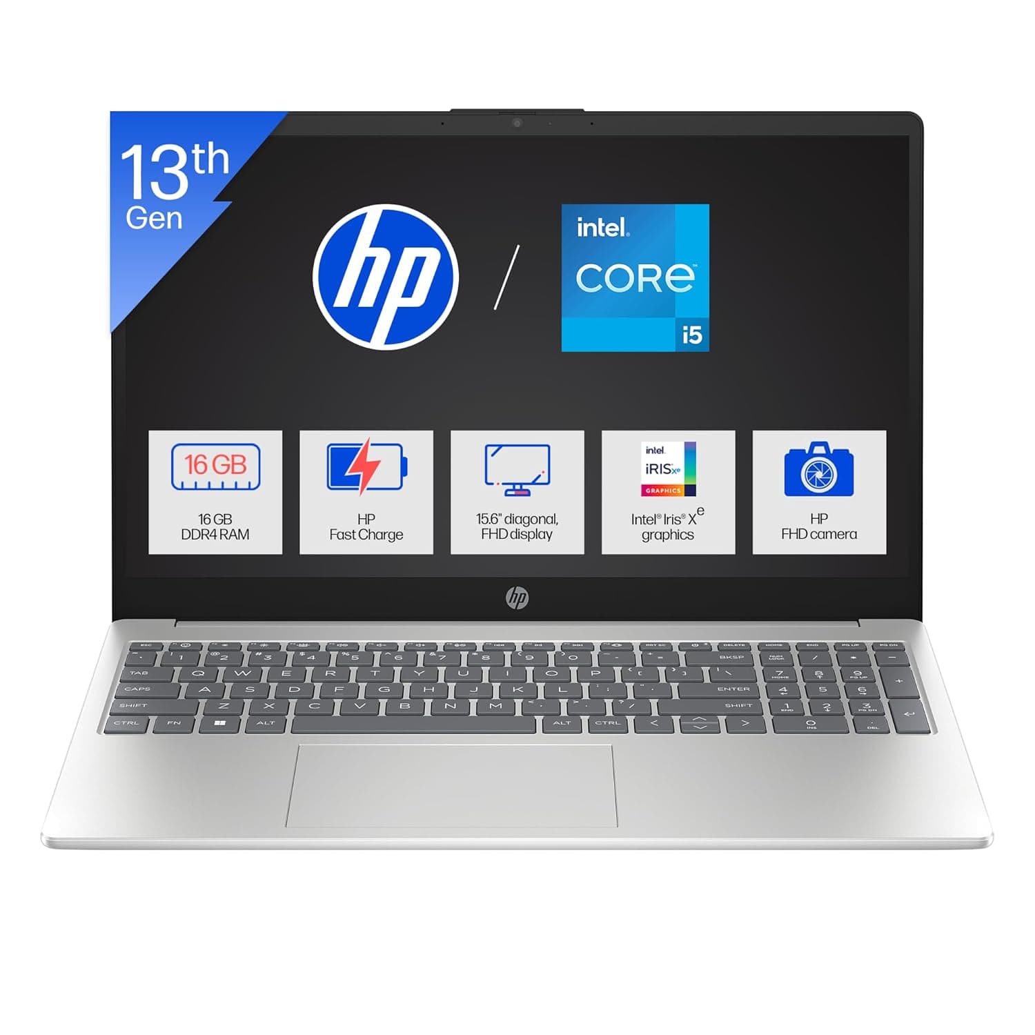 HP 15 (Metal ID & Fingerprint & Backlit Laptop)-13th Gen Intel Core i5-1334U (16GB DDR4 Ram,512GB SSD) 15.6''/39.6cm,FHD,Win11, M365 Basic(1yr),Office Home24,Silver,1.59kg,Iris Xe,FHD Camera hr0008TU
