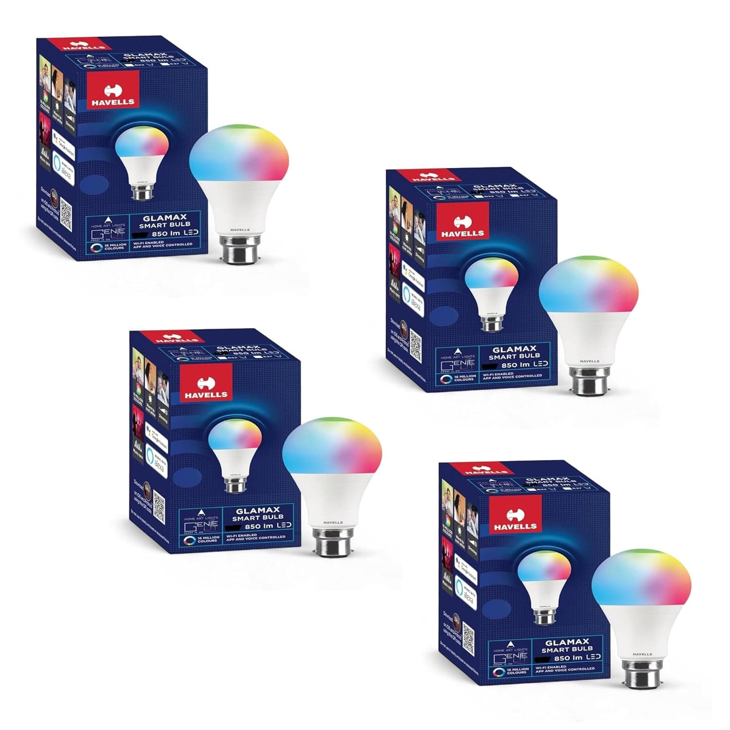 Havells Glamax 12W B22 WiFi LED Smart Bulb with Music Sync Function, Compatible with Amazon Alexa and Google Assistant (16M Colours) (Pack of 4)