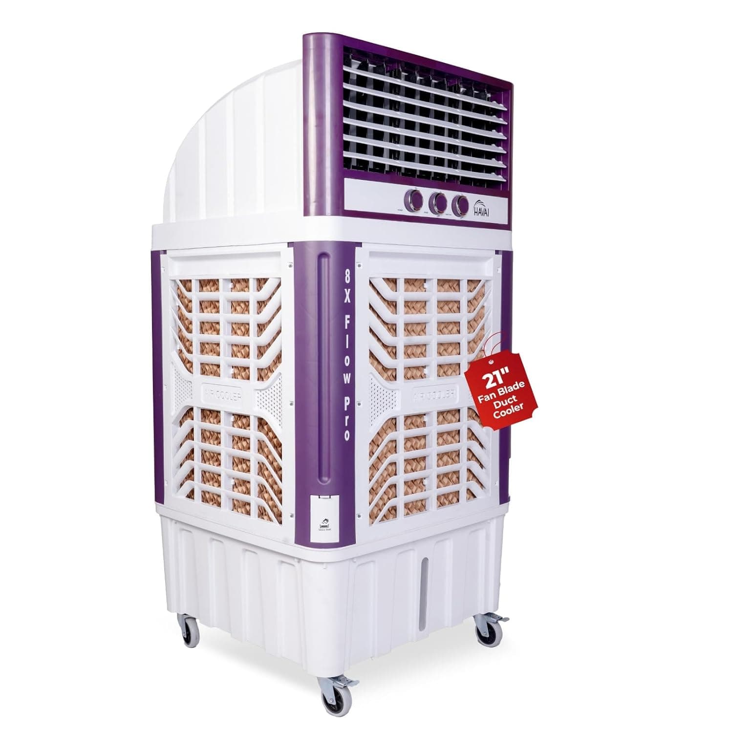 HAVAI 8X Flo Pro – India’s First Plastic Body Duct Air Cooler | 100L | 21” 4-Leaf Fan | 8500 m³/hr | 30 Ft Air Throw | Double Ball Bearing Motor | 4-Side Honeycomb | 360° Cooling | Lockable Castors