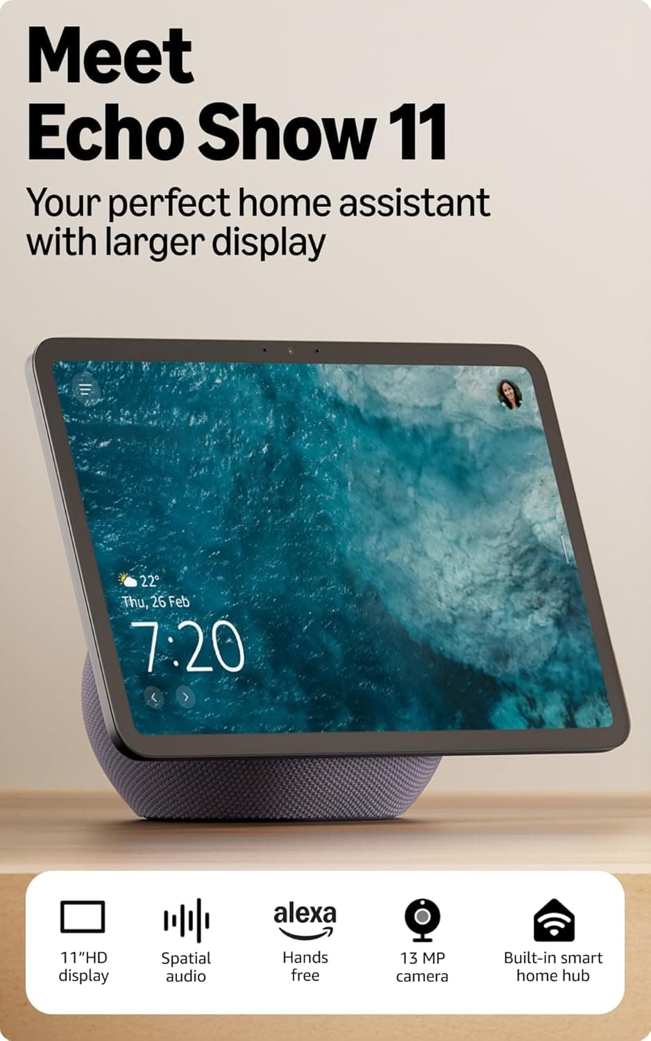 Amazon Echo Show 11 (newest model), vibrant 11" Full HD display with spatial audio & Alexa, new sleek design, smart home controls, 2x bass speaker, 13 MP camera, bluetooth, Graphite