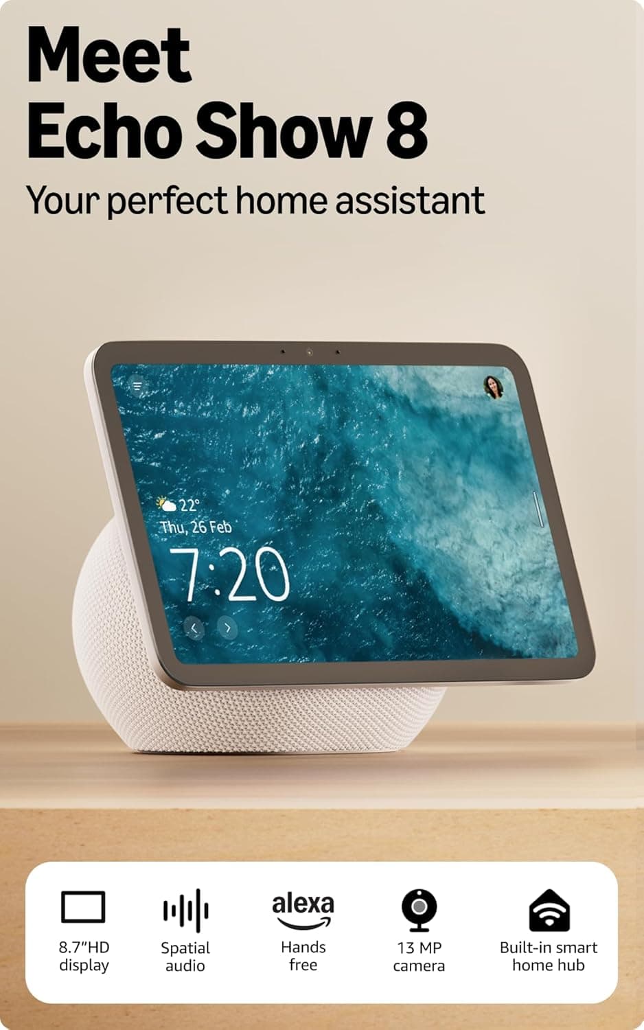 Amazon Echo Show 8 (newest model), vibrant 8.7" HD display with spatial audio & Alexa, new sleek design, smart home controls, 2x bass speaker, 13 MP camera, bluetooth, Glacier White
