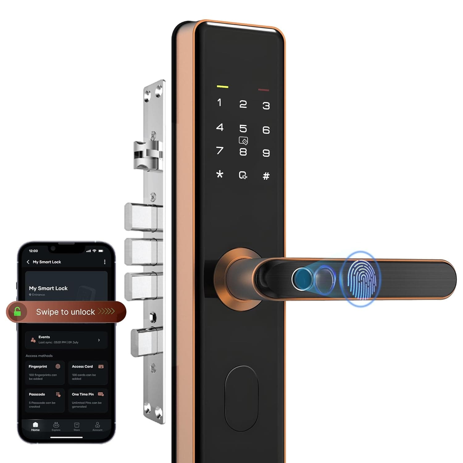 QUBO Smart Door Lock Select from Hero Group | 7-Way Unlocking | Fingerprint | OTP Remote Unlocking | PIN | RFID Card | Mobile App | Mechanical Key | 2 Year Brand Warranty | (Copper)