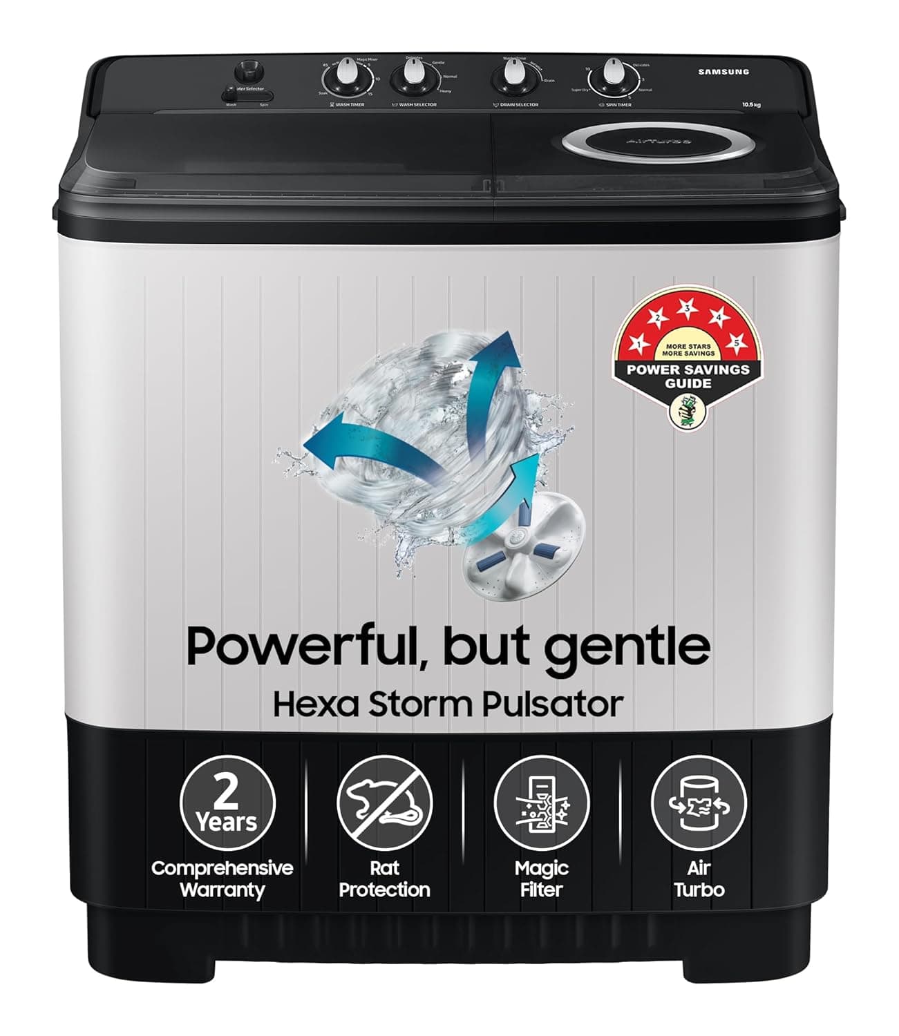 Samsung 10.5 kg, 5 star, Semi-Automatic Top Load Washing Machine (WT10C4260GG/TL, Air Turbo Drying, Light Gray,)