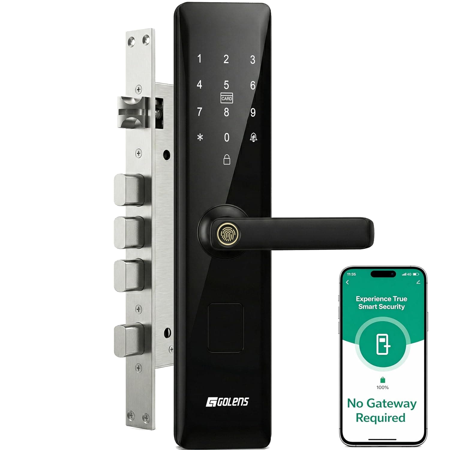 Golens X33 Glossy Smart Door Lock | 6-in-1 Keyless Entry | Wi-Fi Digital Lock | Fingerprint | PIN Code | RFID Card | OTP | Mobile App | Mechanical Key | No Gateway Needed | Fits 32–100mm Doors