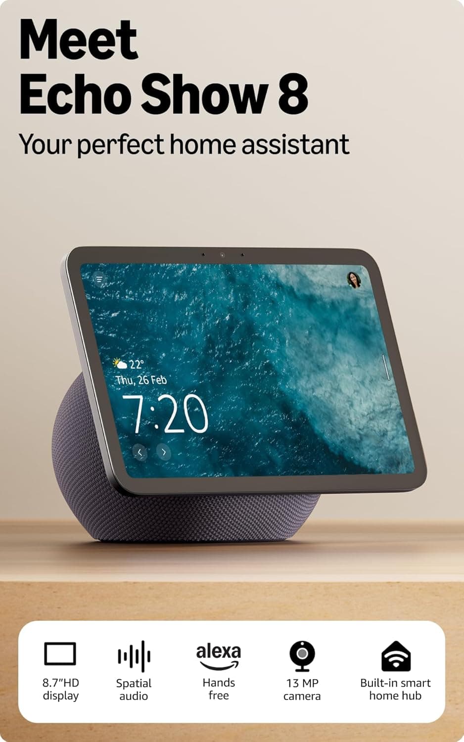 Amazon Echo Show 8 (newest model), vibrant 8.7" HD display with spatial audio & Alexa, new sleek design, smart home controls, 2x bass speaker, 13 MP camera, bluetooth, Graphite
