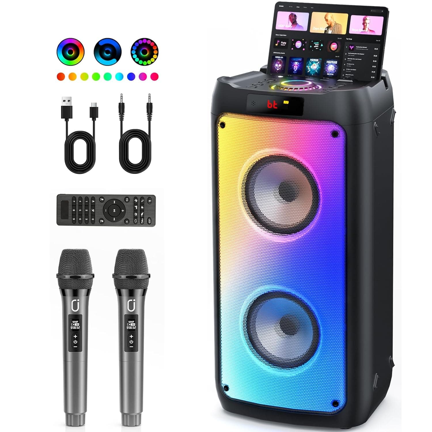JYX Party DJ Speaker with Dual Mics, Upto 8h Playback, Portable Pop Karaoke Box with PA System & Subwoofers, 6.3mm Mic & Guitar Input, BT/USB/TF/TWS/AUX, Perfect for Home Parties,Stage (Black)