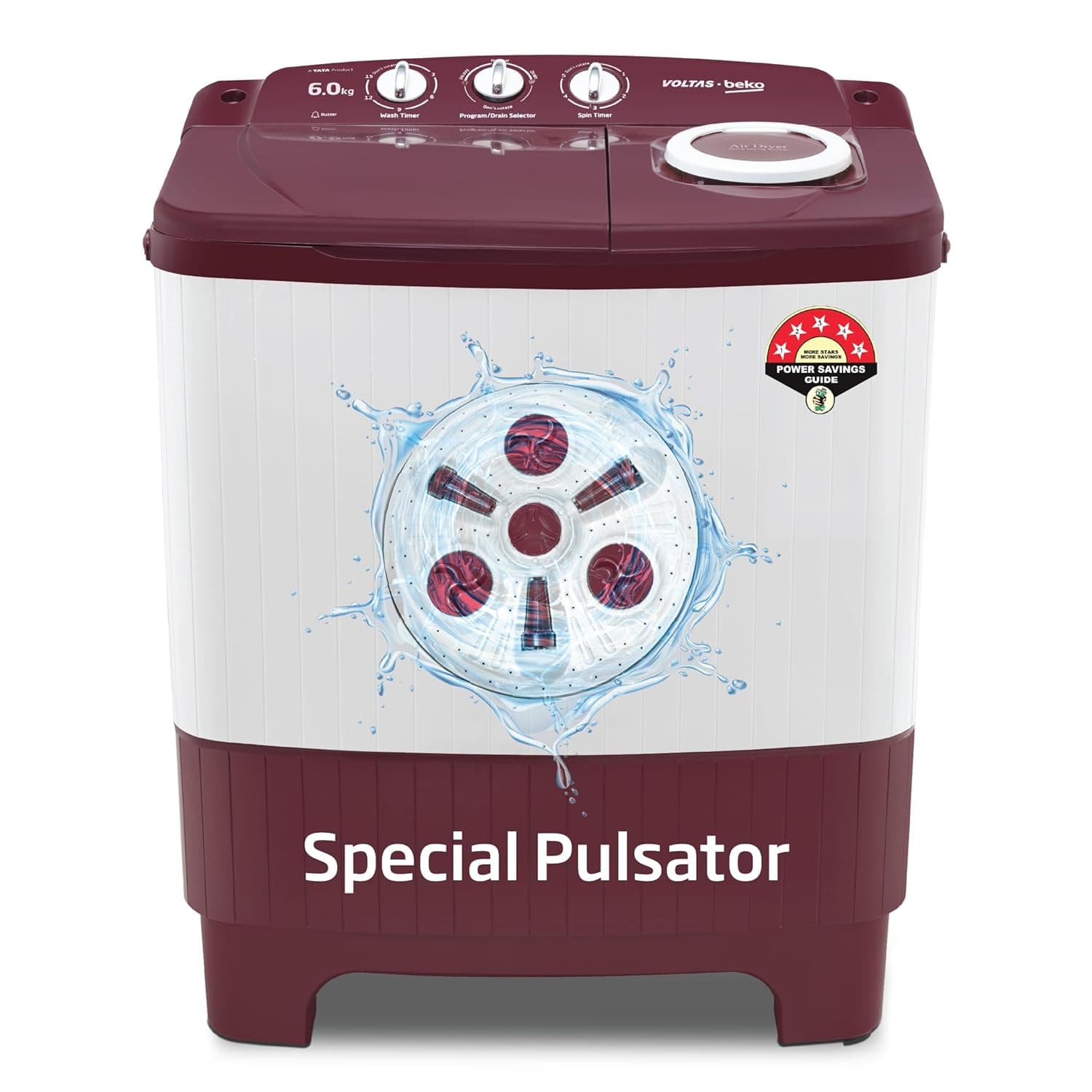 Voltas beko, A Tata Product 6 kg 5 Star Semi-Automatic Top Load Washing Machine With Air Dry (WTT60UNX/OK3R0R0W01, Burgundy, Special Pulsator Technology)