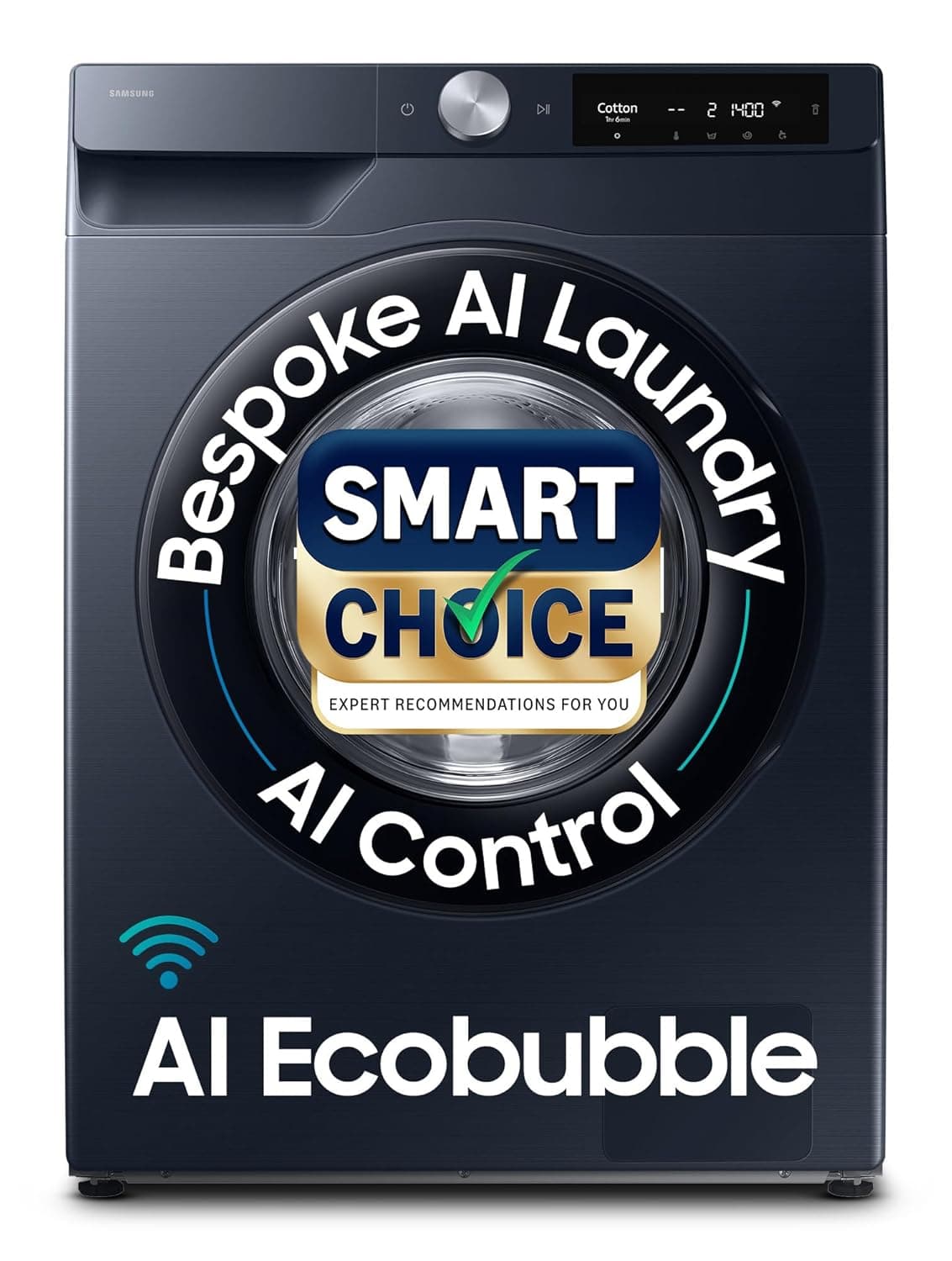 Samsung Smart Choice 9 kg, 5 Star, AI Control, AI Ecobubble, Super Speed, Wi-Fi, Hygiene Steam with Inbuilt Heater, Digital Inverter, Fully-Automatic Front Load Washing Machine (WW90DG6U24ASTL, NAVY)