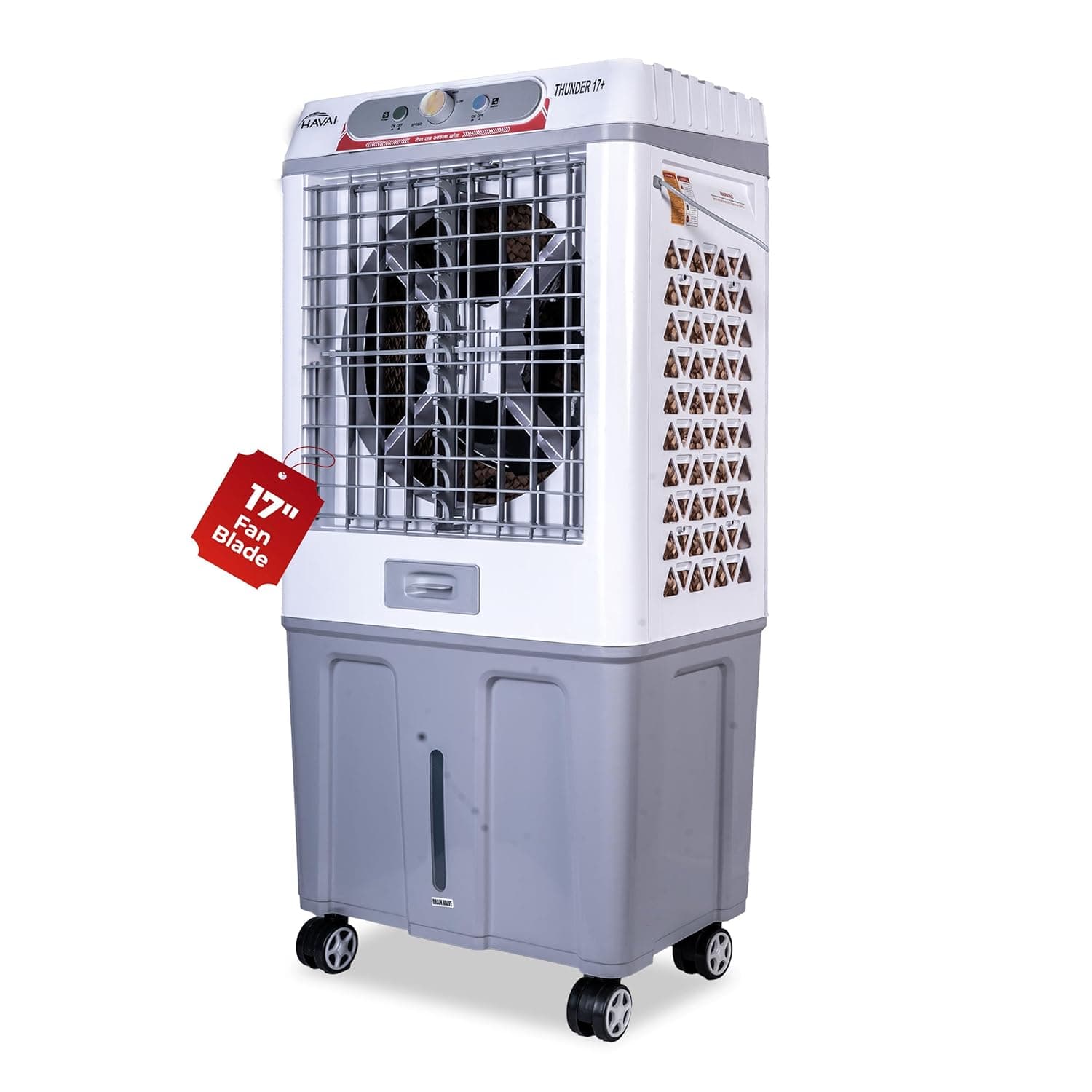 HAVAI Thunder 17+ Desert Cooler | 100L Tank | 17-Inch Fan Blade | 3-Side Honeycomb Pads | Heavy-Duty 110 Dia 32mm Motor | Auto Swing | 1-Year Motor Warranty & Post-Warranty Service | White & Brown