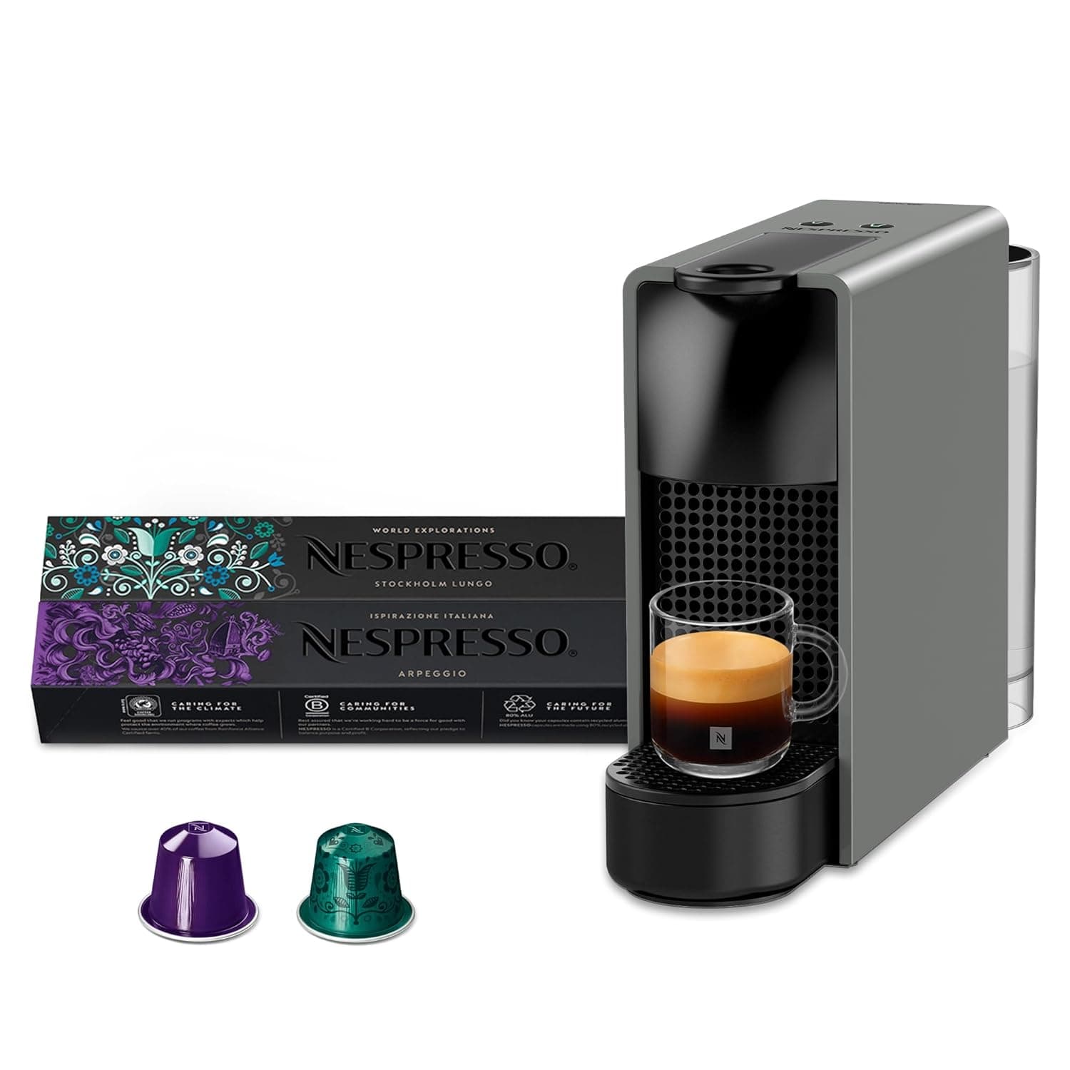 Nespresso Essenza Mini Coffee Machine (Grey) with 2 Coffee Sleeves| One-Touch Brewing | 40ml Espresso & 110ml Lungo |Compact Coffee Machine for Home | 2 Years Warranty | Authorized Distributor