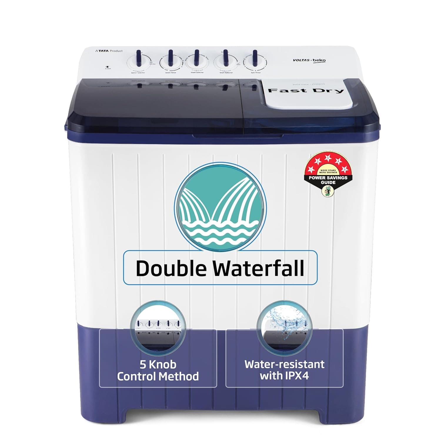 Voltas Beko, A Tata Product 12 Kg 5 Star Semi-Automatic Top Load Washing Machine (WTT120UPA/BL5KPTD, Blue, Special pulsator and Double waterfall Technology)