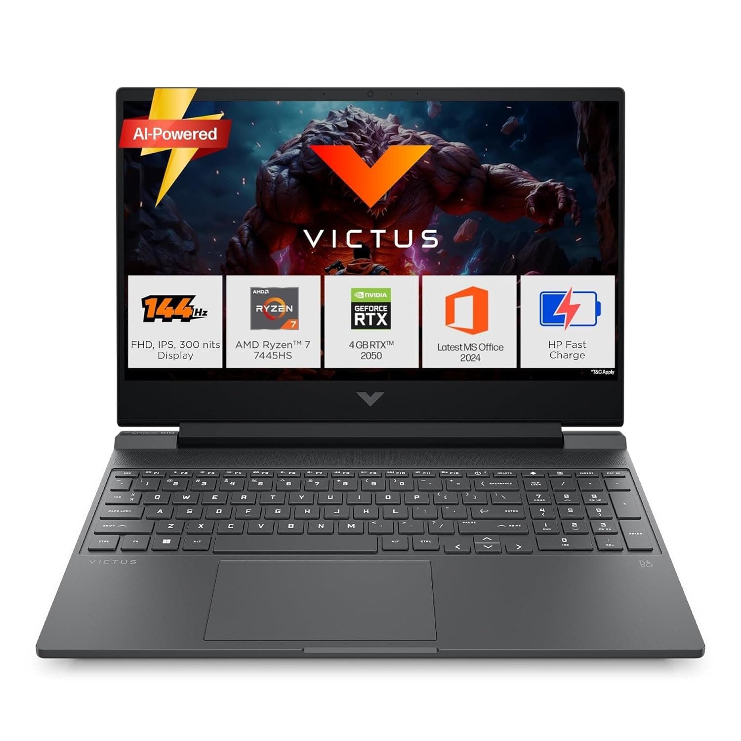 HP Victus, AMD Ryzen 7 7445HS, 4GB RTX 2050, 16GB DDR5(Upgradable) 512GB SSD, FHD, 144Hz, 300 nits, IPS, 15.6''/39.6cm, Win11, M365* Office24, Mica Silver, 2.29kg, fb3123AX, Backlit, Gaming Laptop