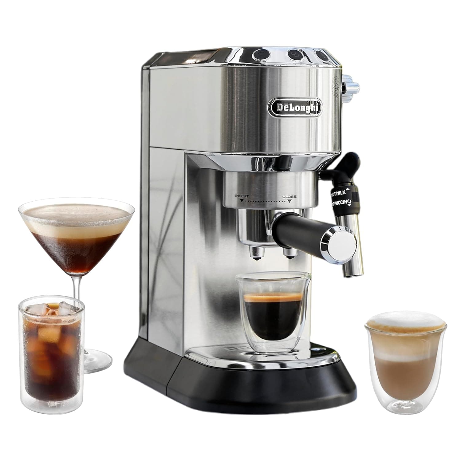 DeLonghi Dedica Style EC685 Barista Coffee Machine with Pump, 2 Espressos and Iced Coffee, Stainless Steel, Milk Frother Steam Wand for Cappuccino, Latte Macchiato & Cold Coffee, Classic Italian Style