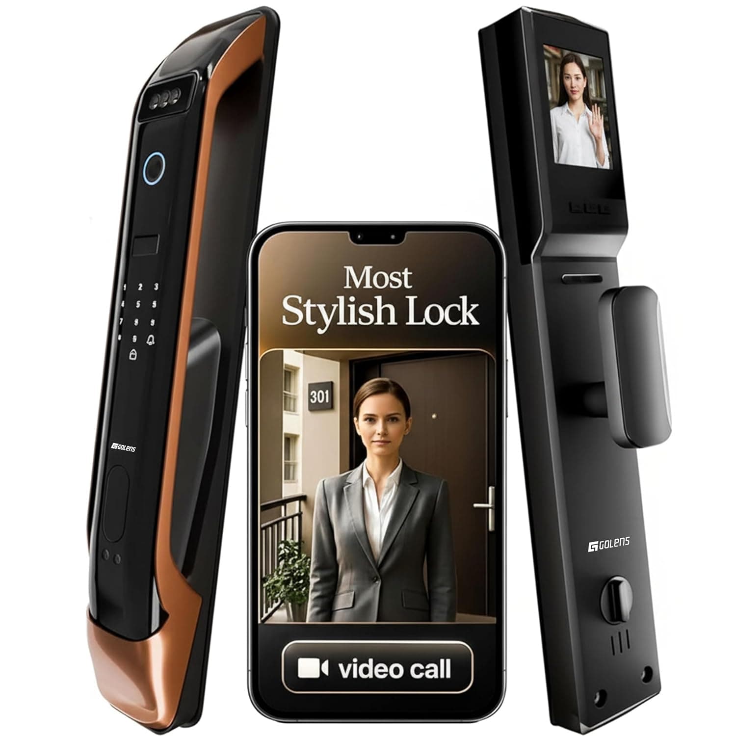 Golens X28 Luxury Smart Door Lock | 9-Way Unlocking | 3D Face ID | Fingerprint | Mobile App | RFID Card | PIN | Mechanical Key | Inbuilt Camera | Keyless Digital Entry with WiFi | Bronze