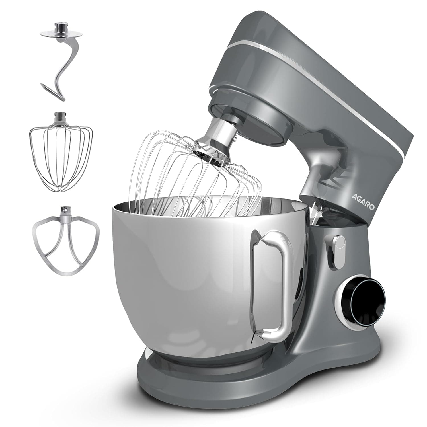 AGARO Elegant Stand Mixer, 1400W with 5.5L SS Bowl, 10 Speed Settings, Pulse Function, 100% Copper Motor, Includes Whisker, Beater, Dough Hook, Dark Grey