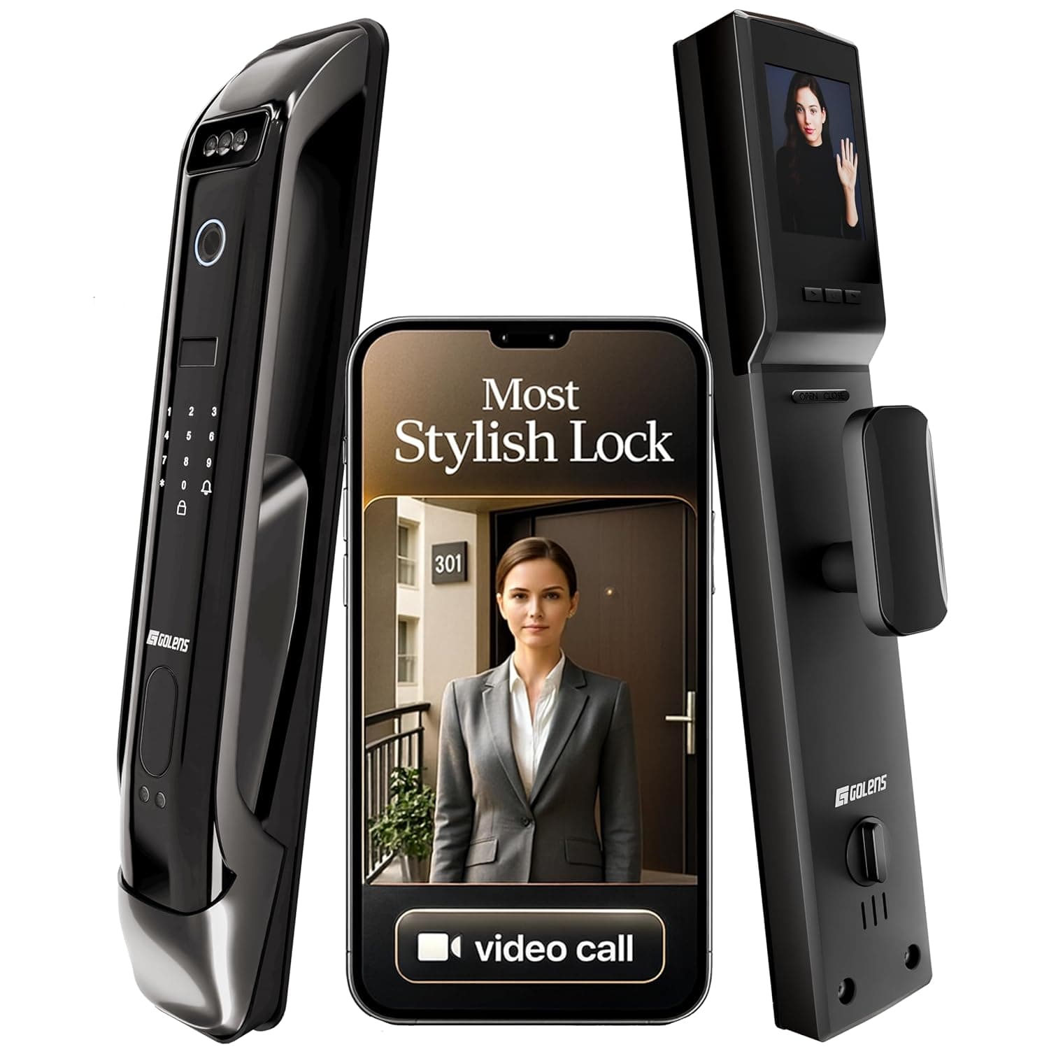 Golens X28 Luxury Smart Door Lock | 9 Ways Unlocking | 3D Face ID | Fingerprint | Mobile App | RFID Card | PIN | OTP | Mechanical Key | Temporary Password | No Extra Gateway Required | Black