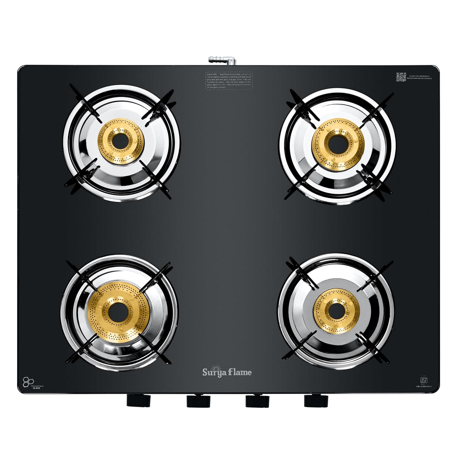 Surya Flame Creta Series LPG 4 Burner Gas Stove | Brass Burners with Jumbo Option | Toughened Glass Top, Removable Drip Tray, Manual Ignition, 69%+ Efficiency, ISI Certified, 2-Year Warranty